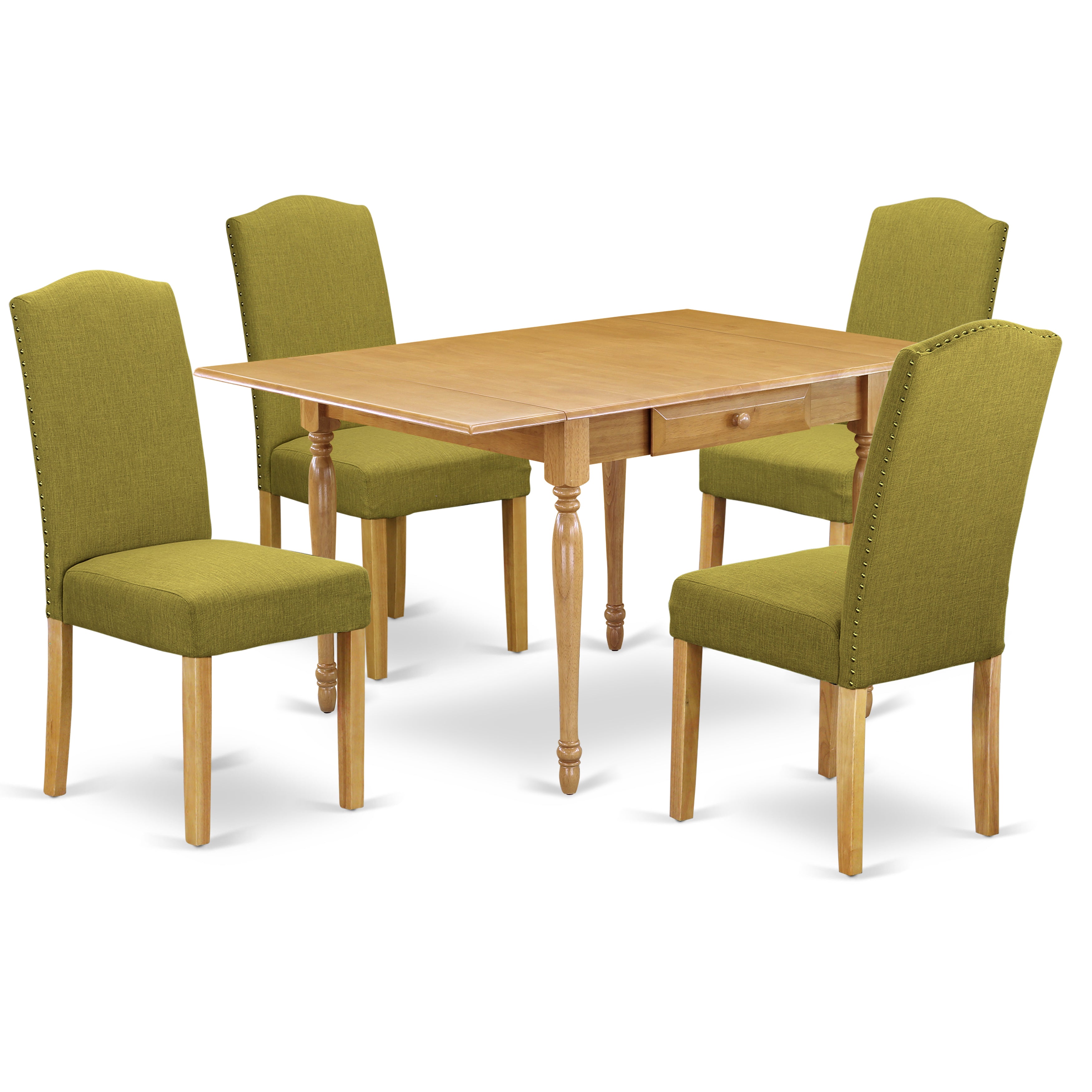 East West Furniture MZEN5-OAK-08 5Pc Dining Table Set for 4 Contains a Wood Table and 4 Parsons Dining Room Chairs with Light Pickle Color Linen Fabric, Drop Leaf Table with Full Back Chairs, Oak Finish
