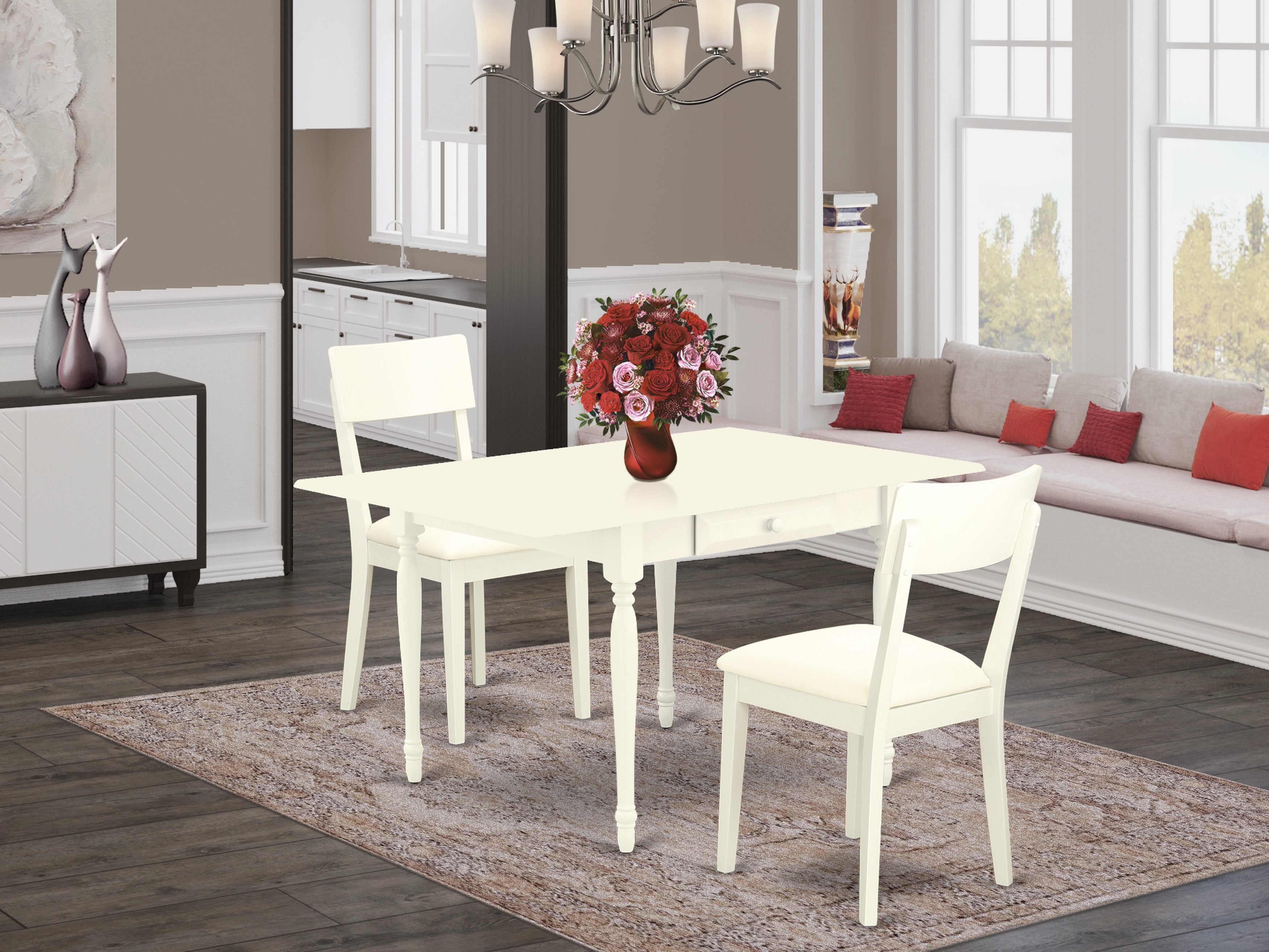 East West Furniture MZAD3-LWH-LC 3Pc Dining Table Set Includes a Dining Room Table and 2 Wooden Dining Chairs with Faux Leather Seat, Drop Leaf Table with Ladder Back Chairs, Linen White Finish