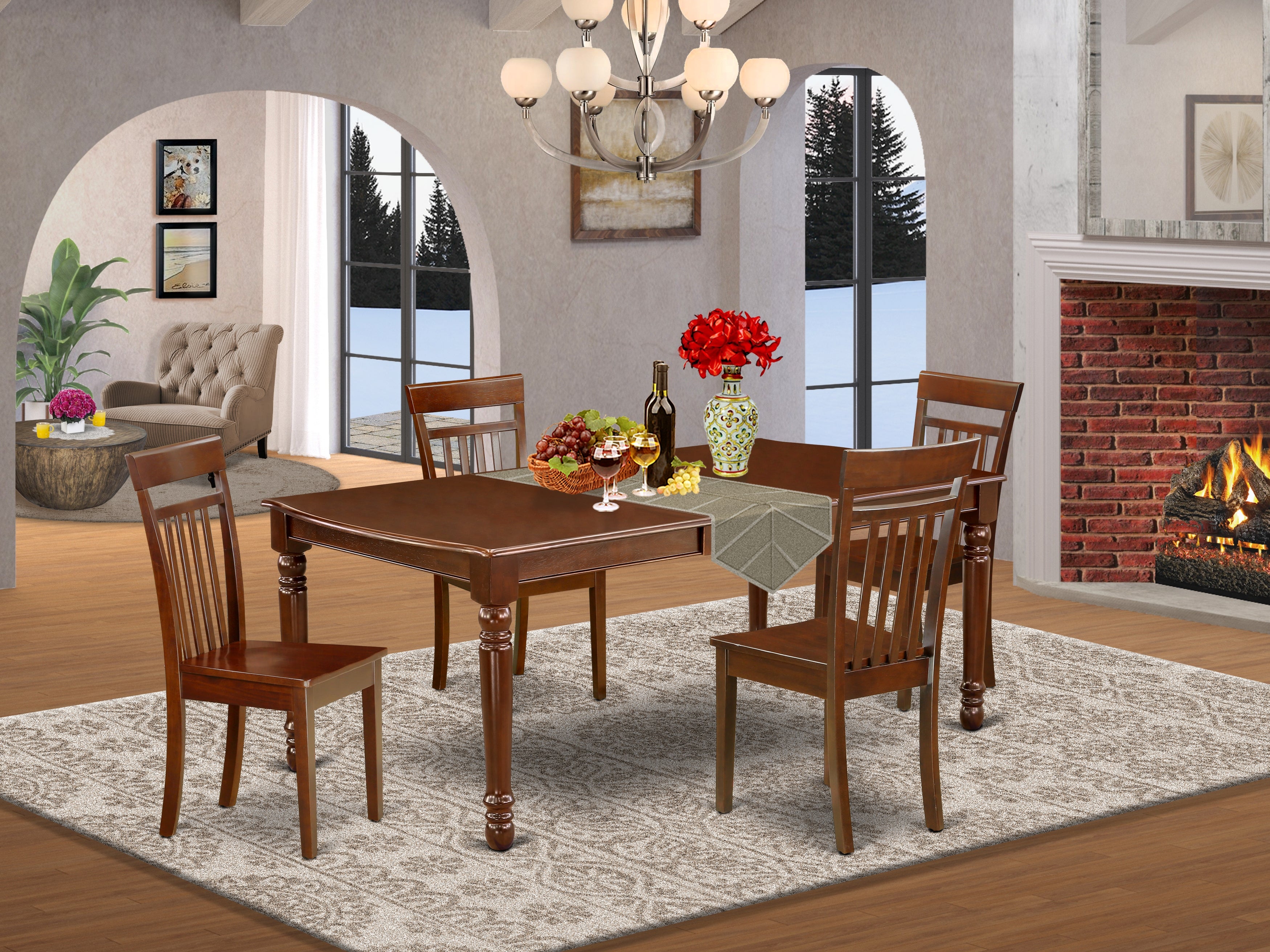 DOCA5-MAH-W 5Pc Rectangular 60/78 Inch Table With 18 In Self Storing Butterfly Leaf And 4 Wood Seat Kitchen Chairs