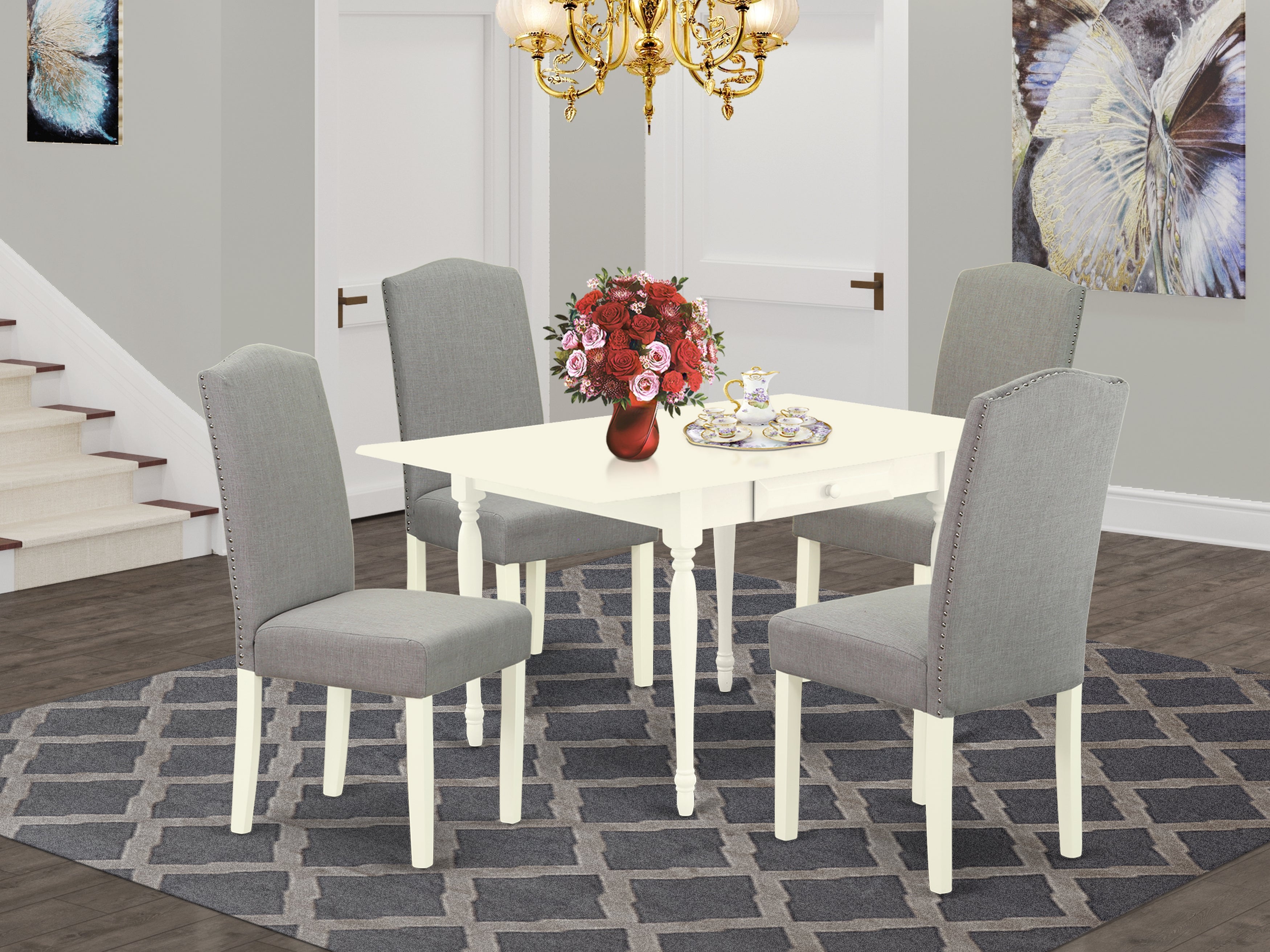 East West Furniture MZEN5-LWH-06 5Pc Modern Dining Table Set Contains a Wood Dining Table and 4 Parsons Chairs with Shitake Color Linen Fabric, Drop Leaf Table with Full Back Chairs, Linen White Finish