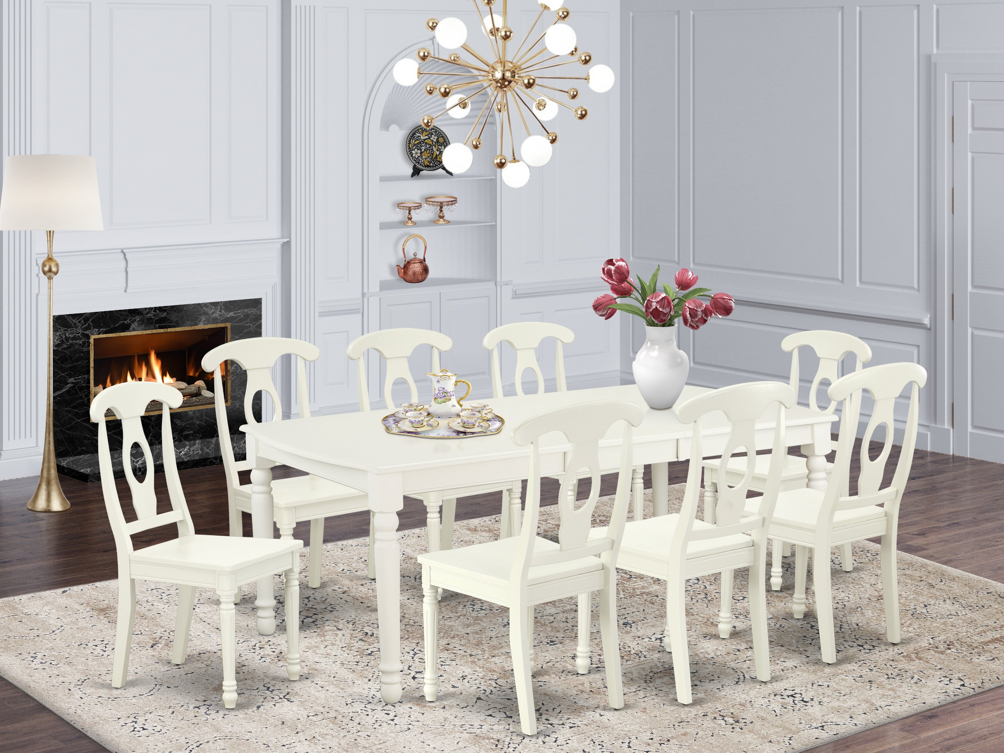 DOKE9-LWH-W 9PC Rectangular 60/78 inch Table with 18 In Leaf and 8 Panel Back Chairs
