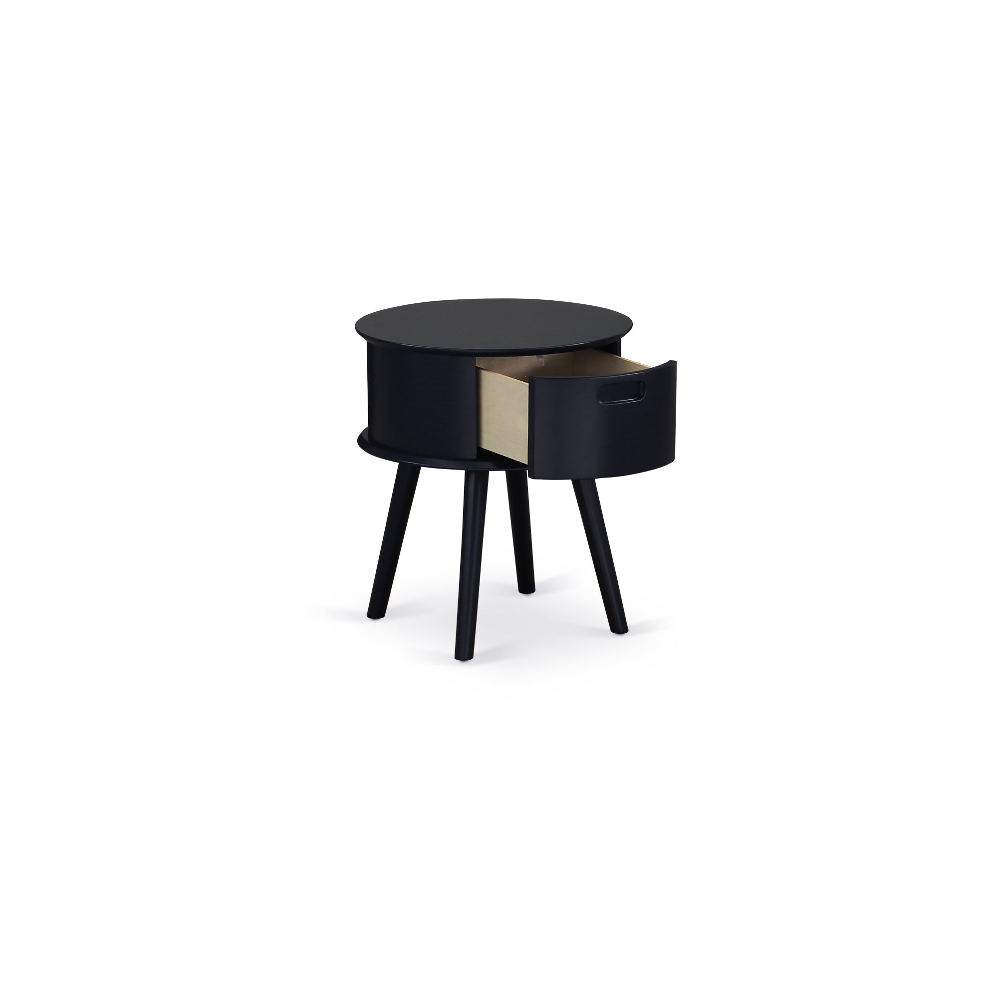 Gordon Round Night Stand End Table With Drawer in Black Finish