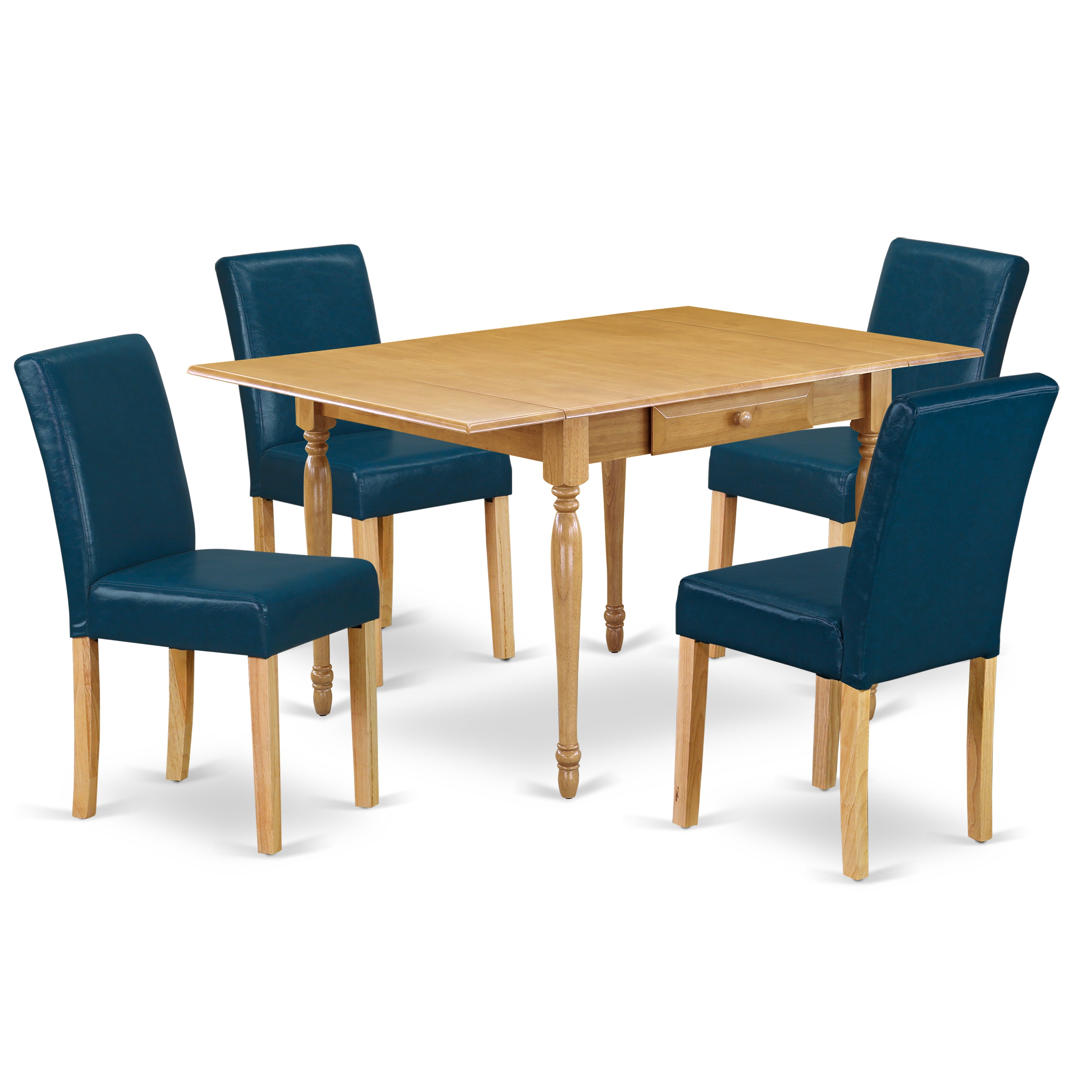 East West Furniture MZAB5-OAK-55 5Pc Kitchen and Dining Room Tables Set Consists of a Dining Table and 4 Parsons Dining Chairs with Oasis Color PU Leather, Drop Leaf Table with Full Back Chairs, Oak Finish