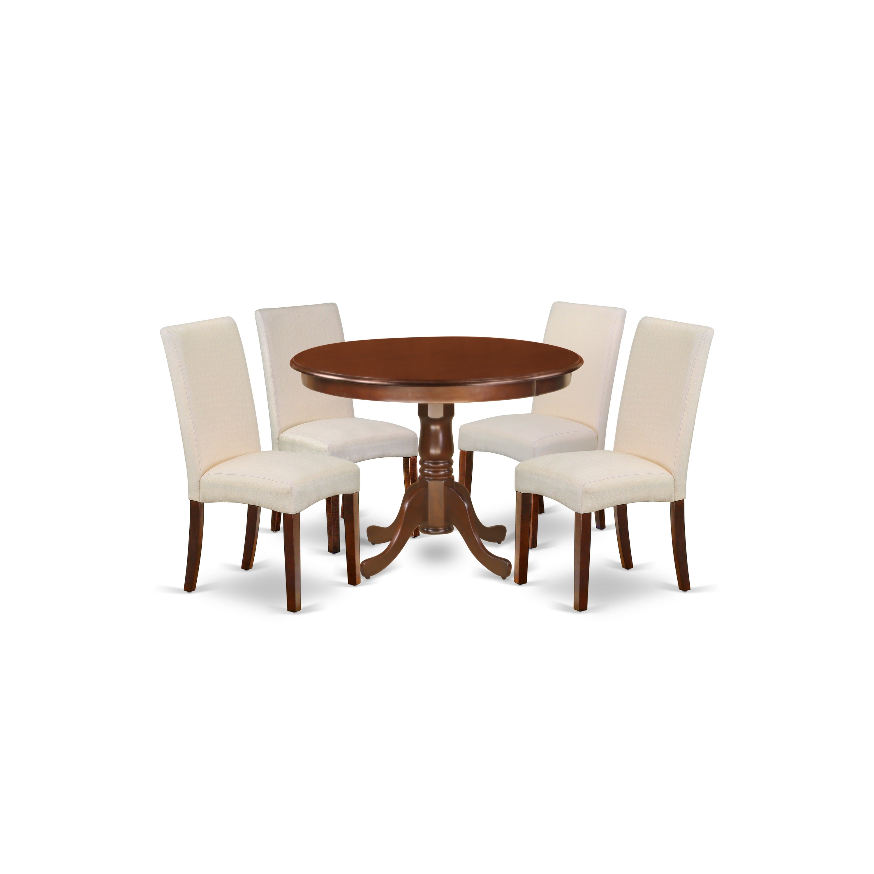 HLDR5-MAH-01 5Pc Round 42 Inch Dinette Table And Four Parson Chair With Mahogany Finish Leg And Linen Fabric- Cream Color