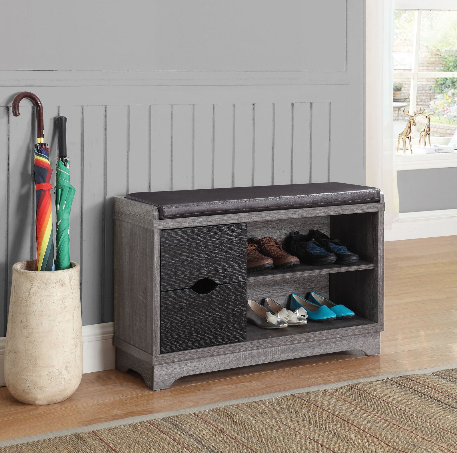 2-Drawer Storage Bench Rack Cabinet Distressed Grey And Black