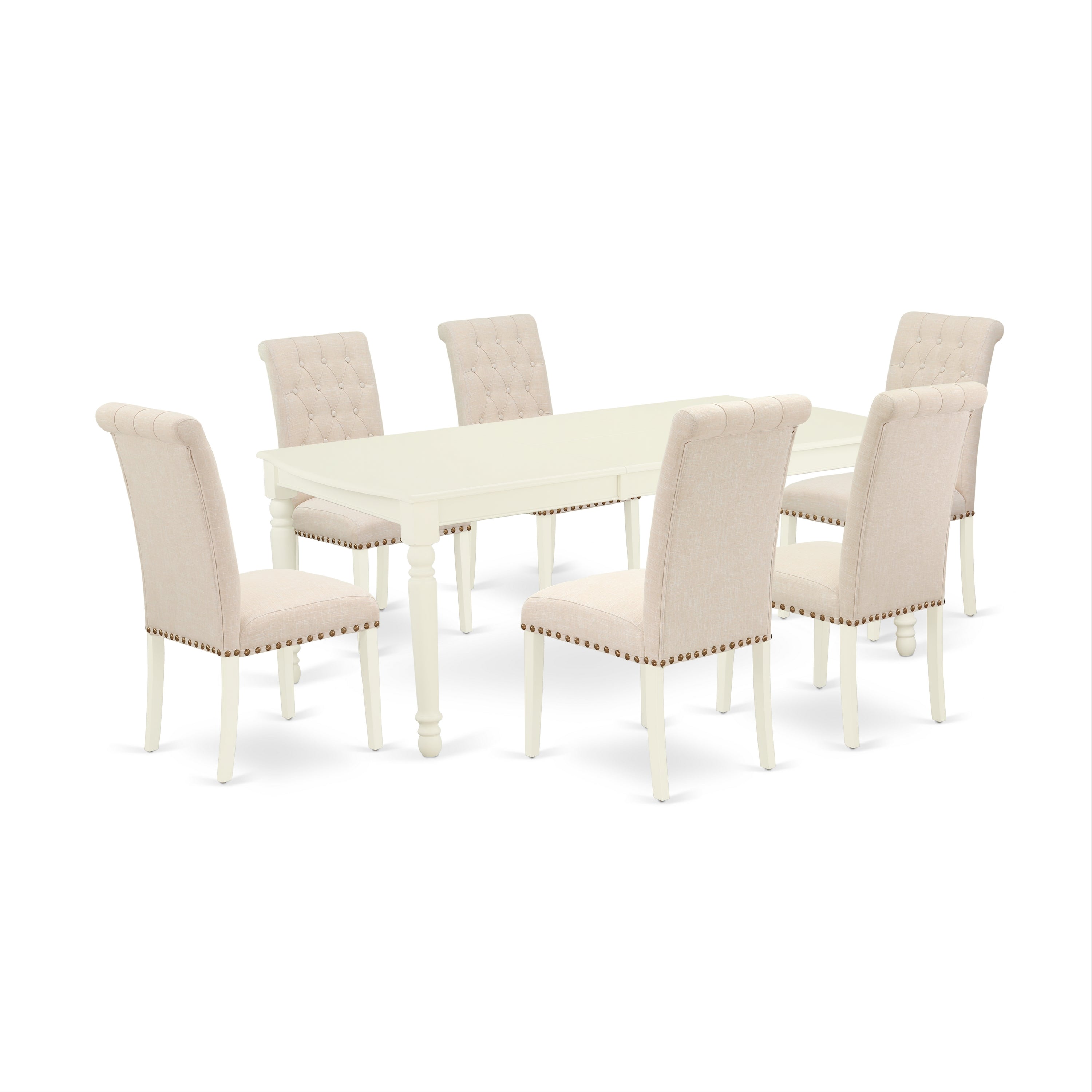 DOBR7-LWH-02 7Pc Dinette Set Includes a Rectangular Kitchen Table with Butterfly Leaf and Six Parson Chairs with Light Beige Fabric, Linen White Finish