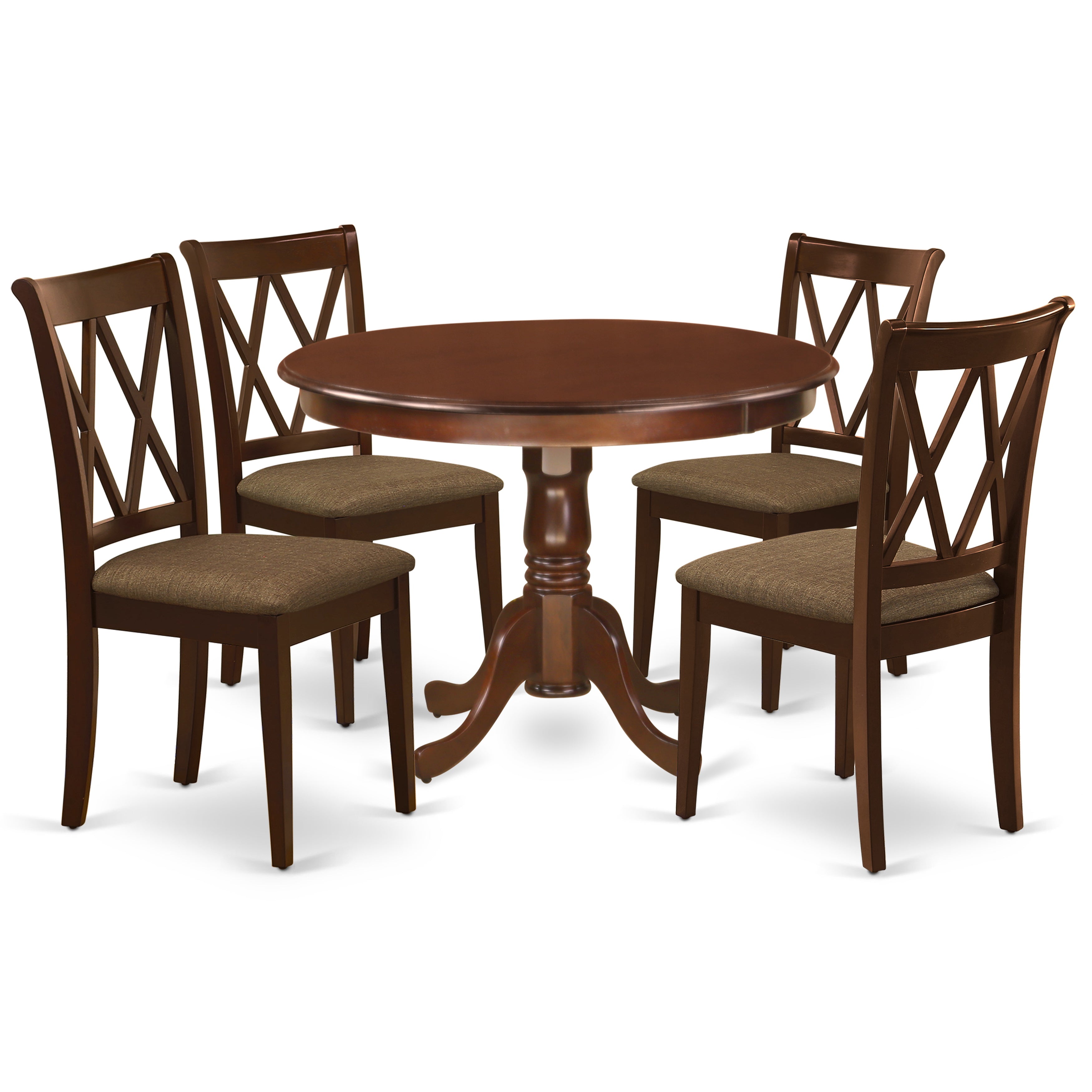 HLCL5-MAH-C 5Pc Dining Set Includes a Round Dinette Table and Four Double X Back Microfiber Seat Kitchen Chairs, Mahogany Finish