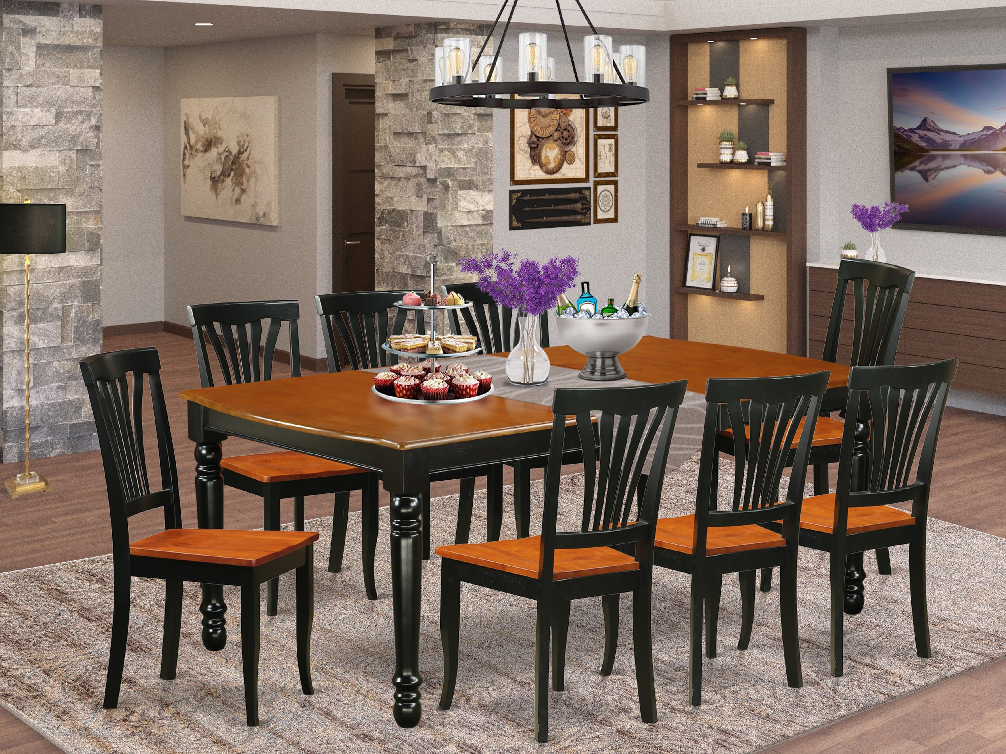 DOAV9-BCH-W 9 PC kitchen tables and chair set with one Dover dining table and 8 kitchen chairs in a Black and Cherry Finish