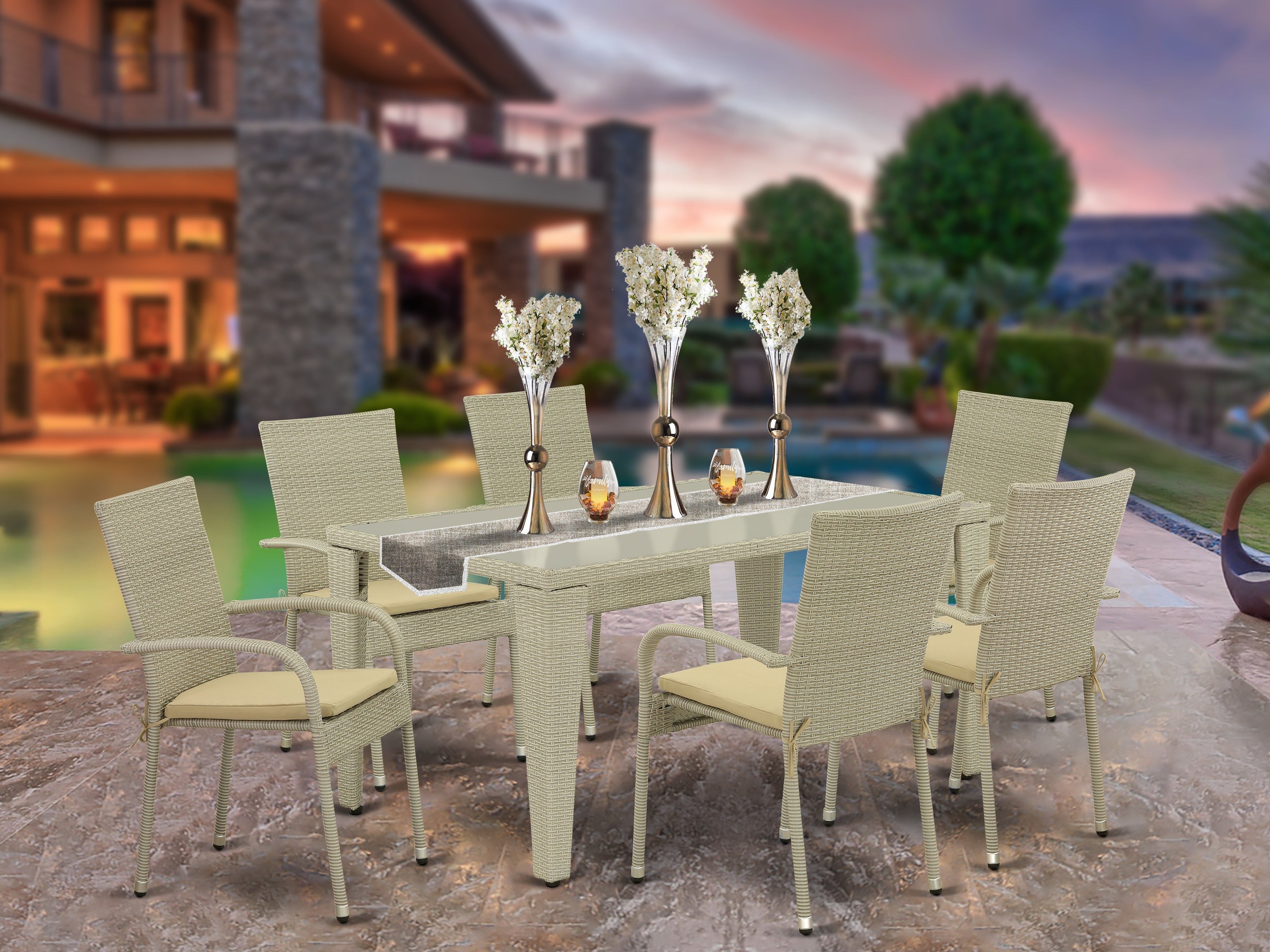 GUGU7-03A 7Pc Outdoor-Furniture Natural Color Wicker Dining Set Includes a Patio Table and 6 Balcony Backyard Armchair with Linen Fabric Cushion
