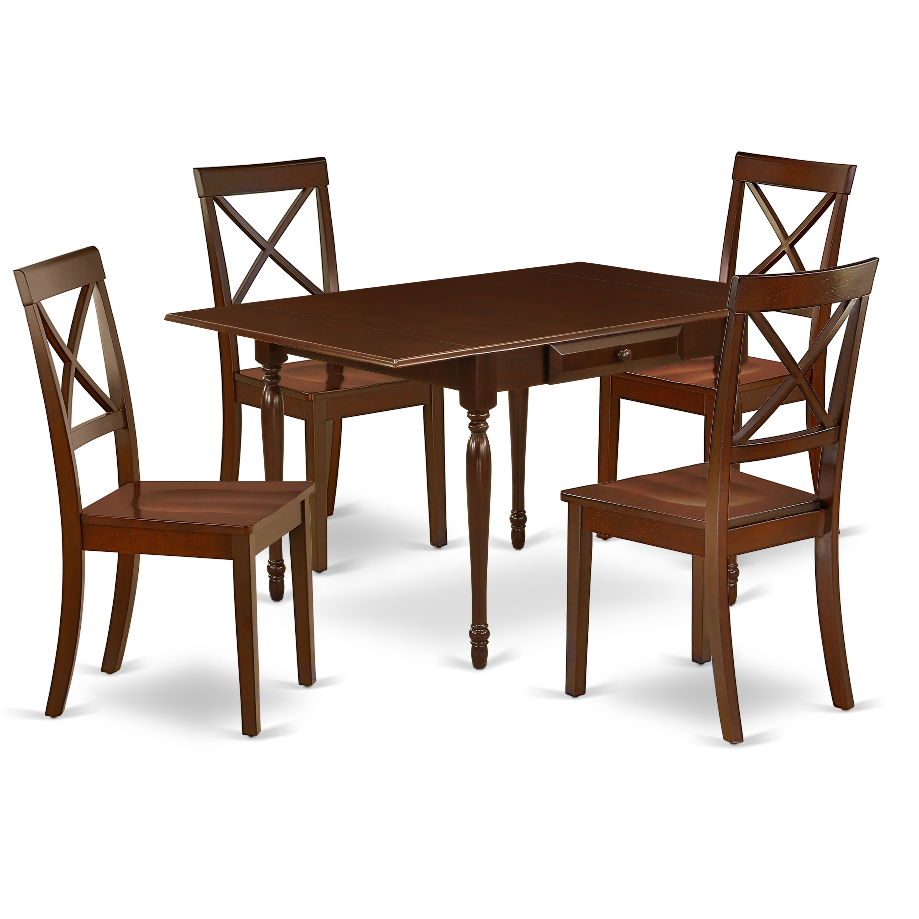 East West Furniture MZBO5-MAH-W 5Pc Dining Table Set for 4 Contains a Rectangle Table and 4 Kitchen Chairs with Wooden Seat, Drop Leaf Table with X Back Chairs, Mahogany Finish