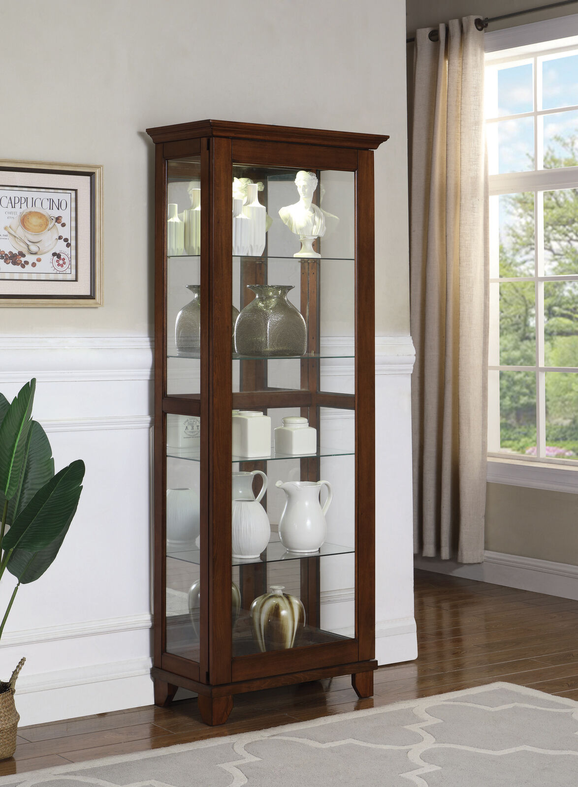 Transitional 5-Shelf Curio Cabinet Chestnut And Clear Adjustable Shelves