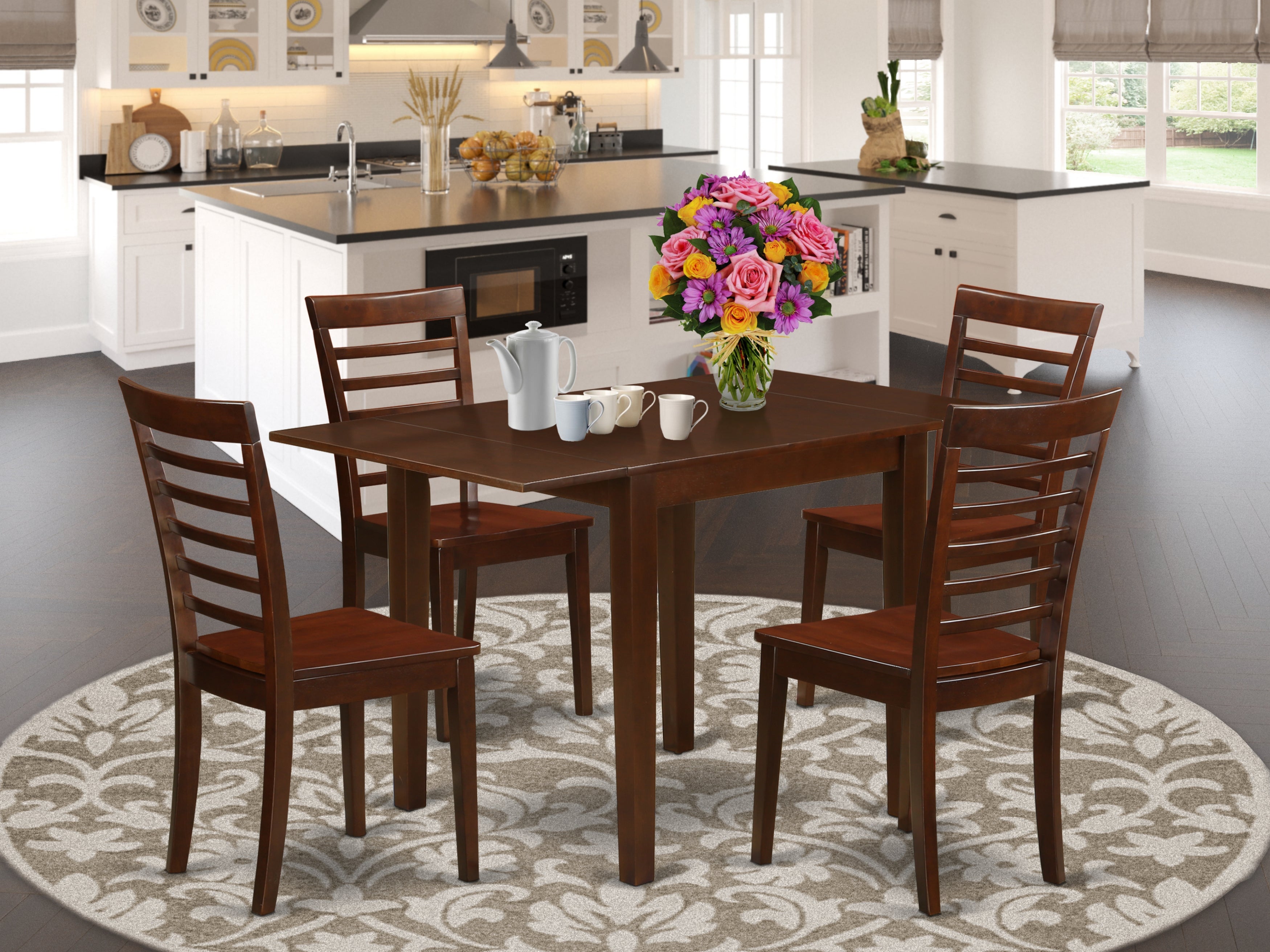 East West Furniture NDML5-MAH-W 5Pc Wood Dining Table Set Includes a Rectangular Table and 4 Kitchen Chairs with Rubberwood Seat and Ladder Back, Mahogany Finish