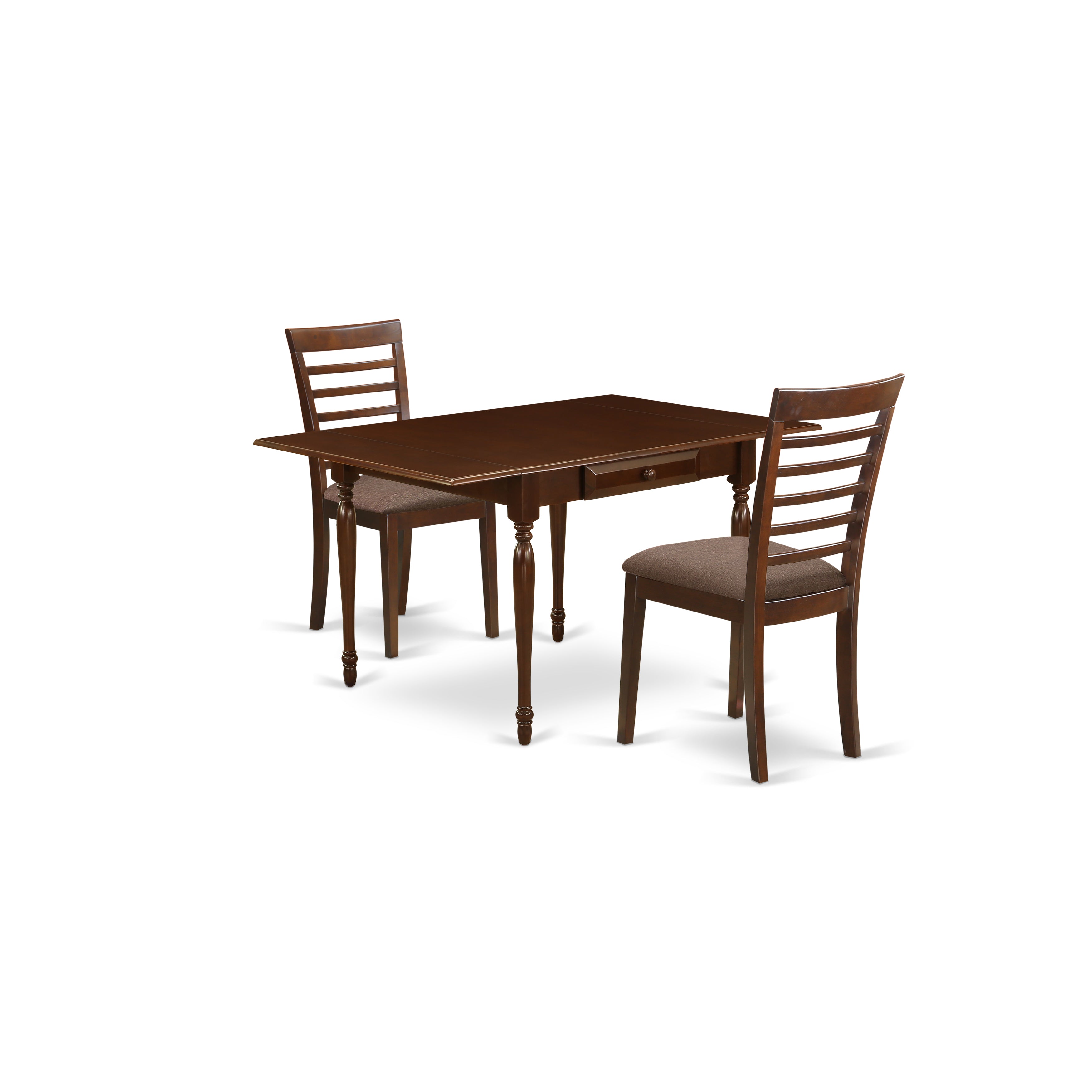 East West Furniture MZML3-MAH-C 3 Pieces Dining Table set - Heavy Duty Two 9-Inch Drop Down Leaves Real Wood Dining Table and 2 Microfiber Upholstery Seat Wood Dining Chairs, Mahogany Finish