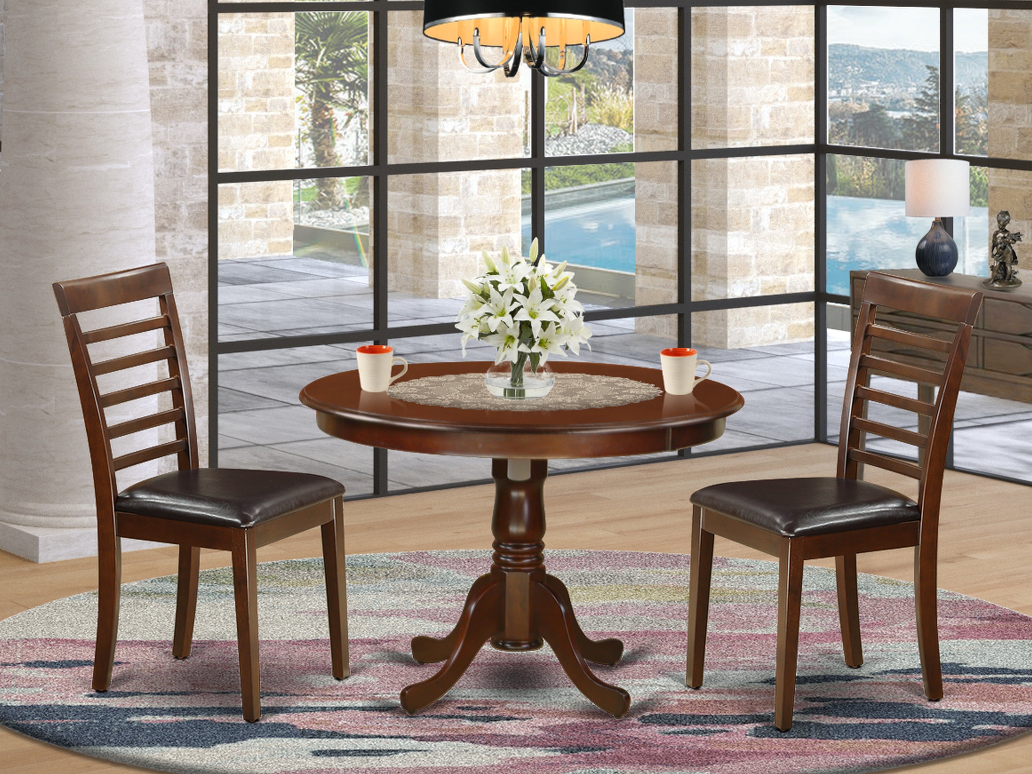 HLML3-MAH-LC 3 Pc set with a Round Dinette Table and 2 Leather Dinette Chairs in Mahogany