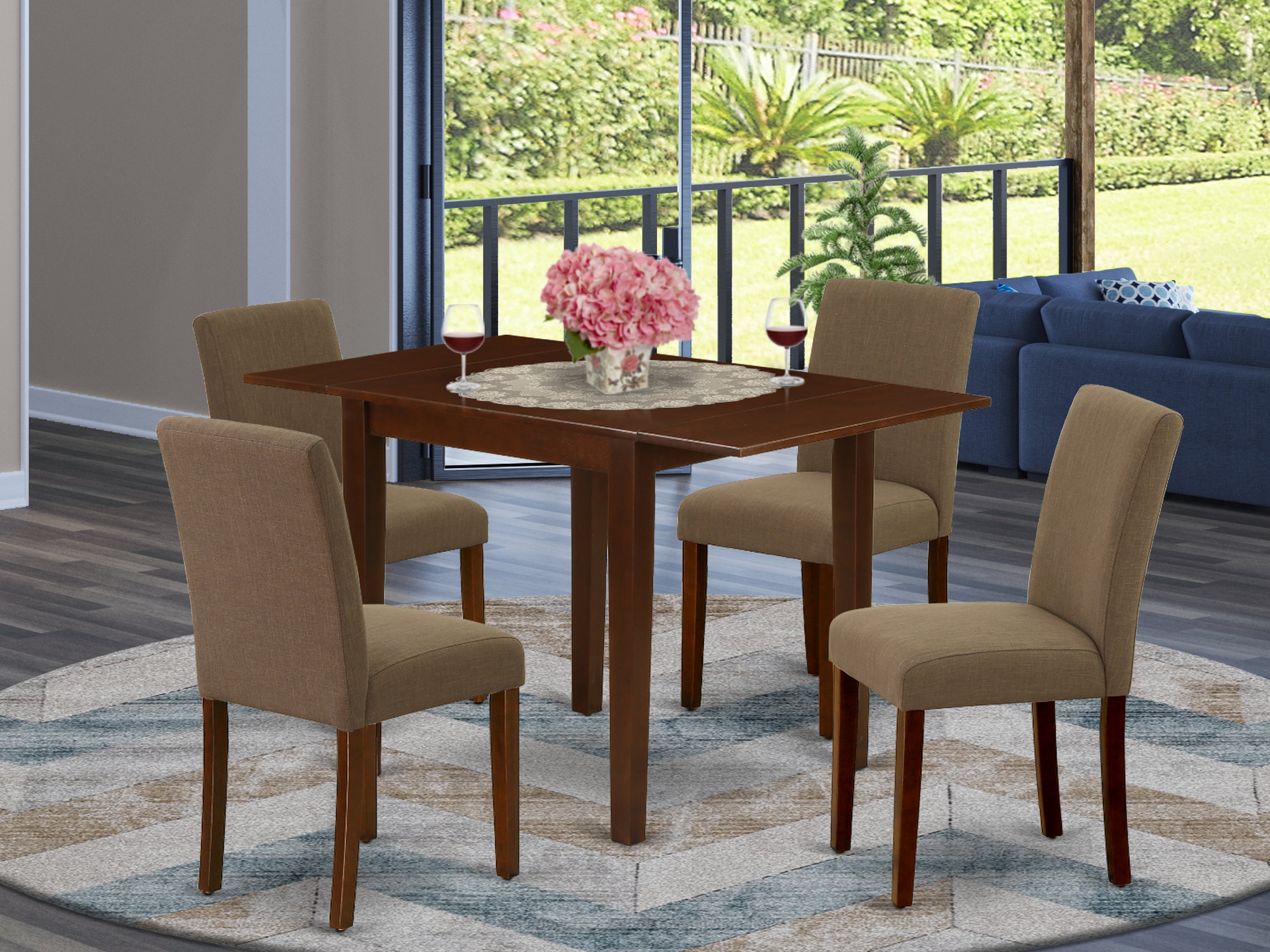East West Furniture NDAB5-MAH-18 Dining Set 5 Pc - Four Parson Dining Chairs and a Wooden Table - Mahogany Finish Solid wood - Coffee Color Linen Fabric
