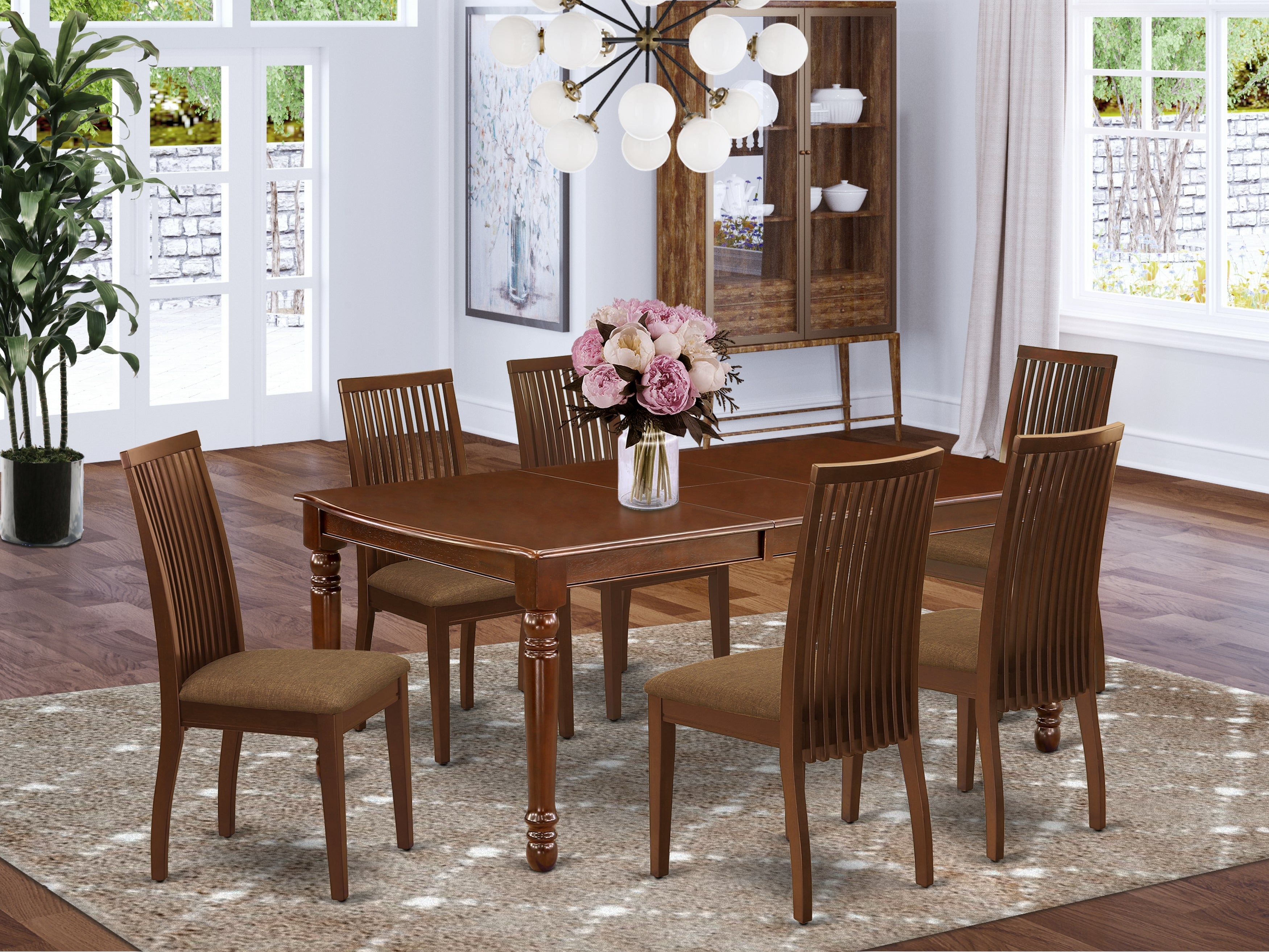 DOIP7-MAH-C 7Pc Dinette Set Includes a Rectangular Kitchen Table with Butterfly Leaf and Six Microfiber Seat Dining Chairs, Mahogany Finish