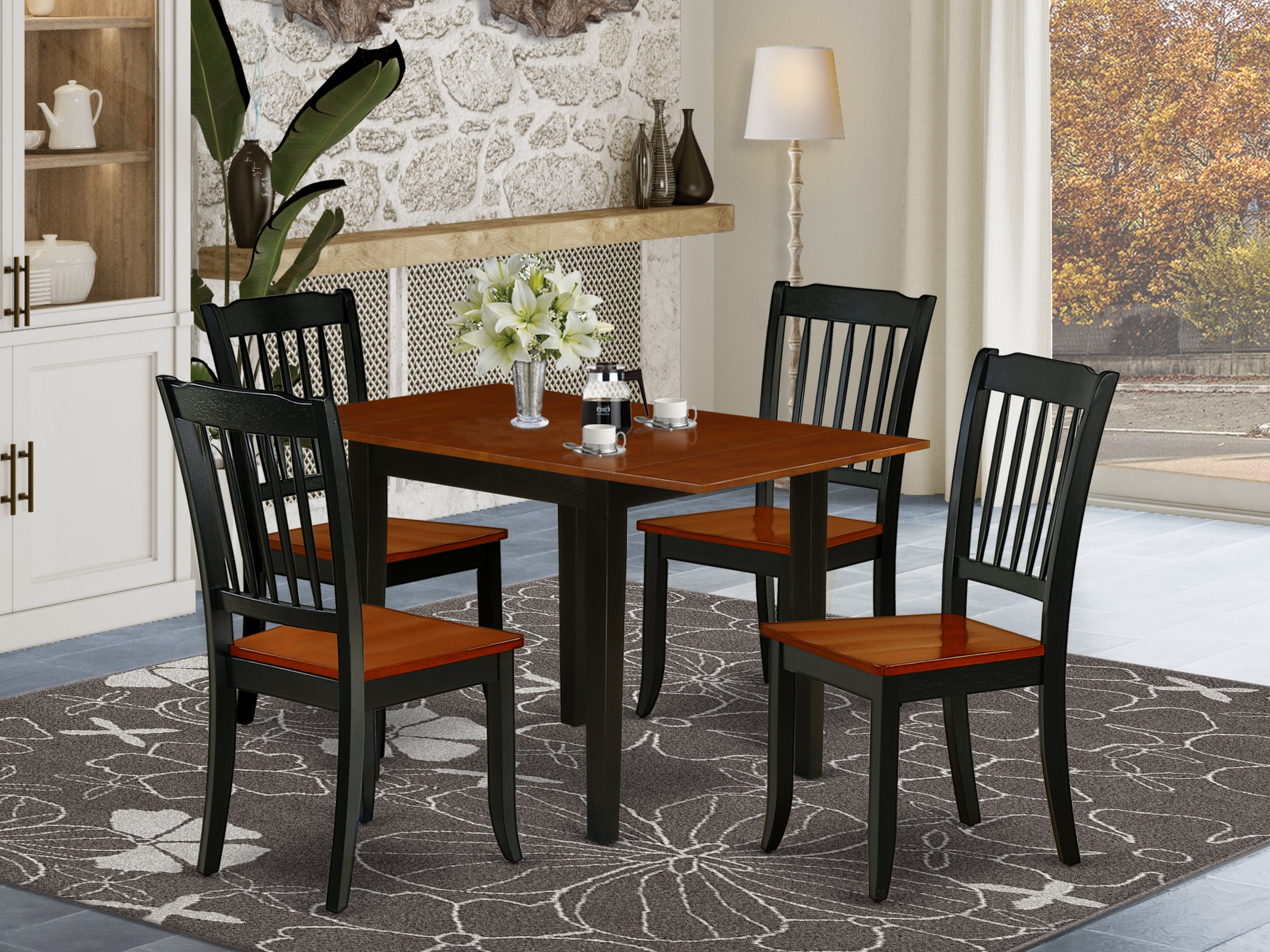East West Furniture NDDA5-BCH-W Kitchen Table Set 5 Pcs- 4 Excellent Kitchen Dining Chairs and an Attractive Breakfast Table - Cherry Finish Hardwood Chair Seat and Table Top - Black Finish Wooden Frame.