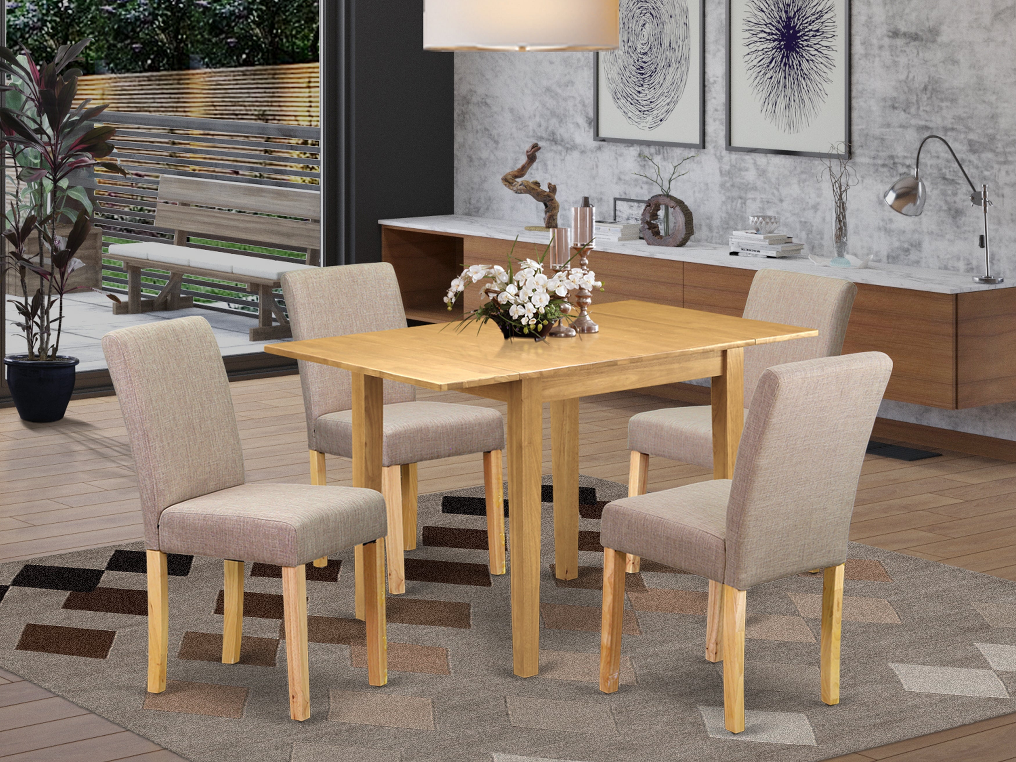 East West Furniture NDAB5-OAK-04 Dinette Set 5 Pc - Four Dining Room Chairs and a Wooden Table - Oak Finish Hardwood - Light Fawn Color Linen Fabric