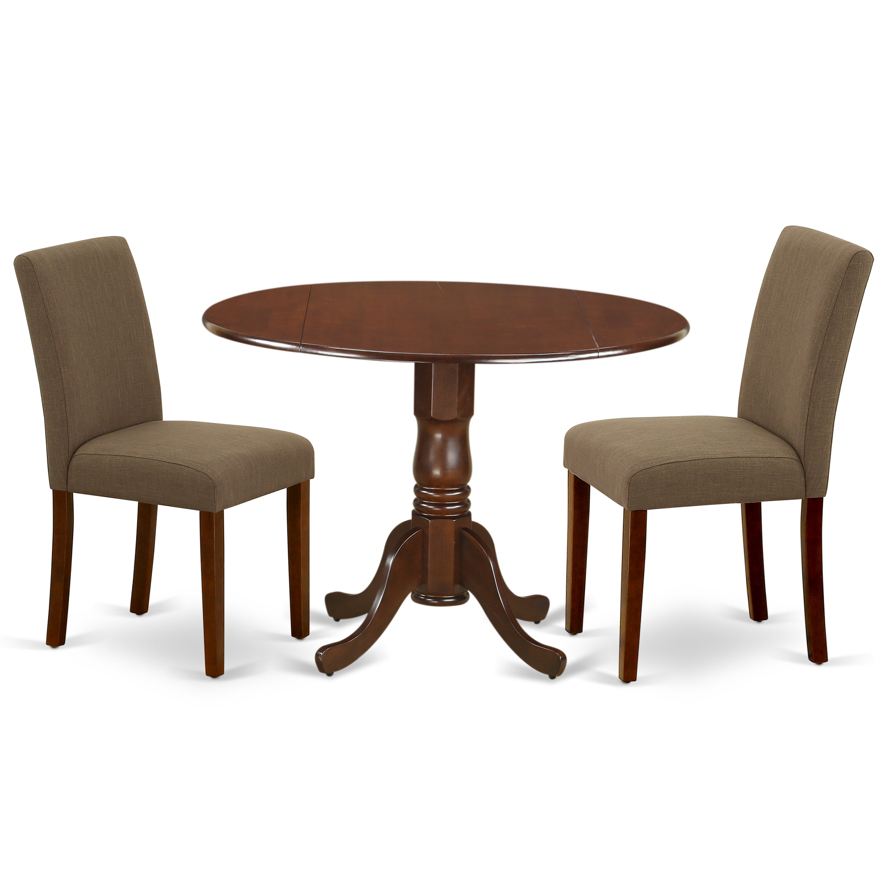 DLAB3-MAH-18 3Pc Round 42" Dining Room Table With Two 9-Inch Drop Leaves And 2 Parson Chair With Mahogany Leg And Linen Fabric Coffee