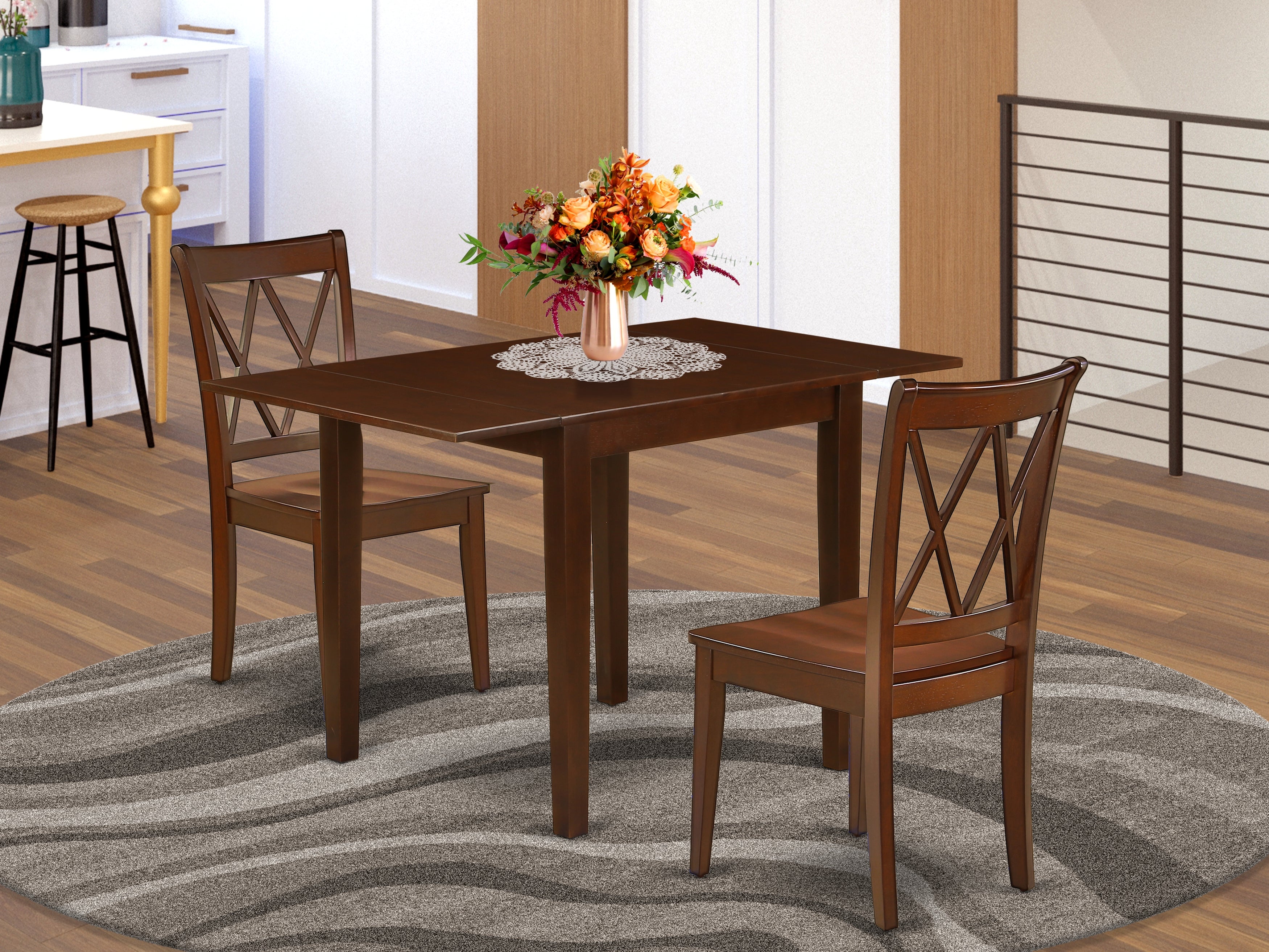 East West Furniture NDCL3-MAH-W Dining Table Set 3 Pcs- 2 Wonderful Wooden Chairs and a Beautiful Wood Dining Table - Mahogany Finish Solid wood Chair Seat and Table Top - Mahogany Finish Solid Wood Frame.