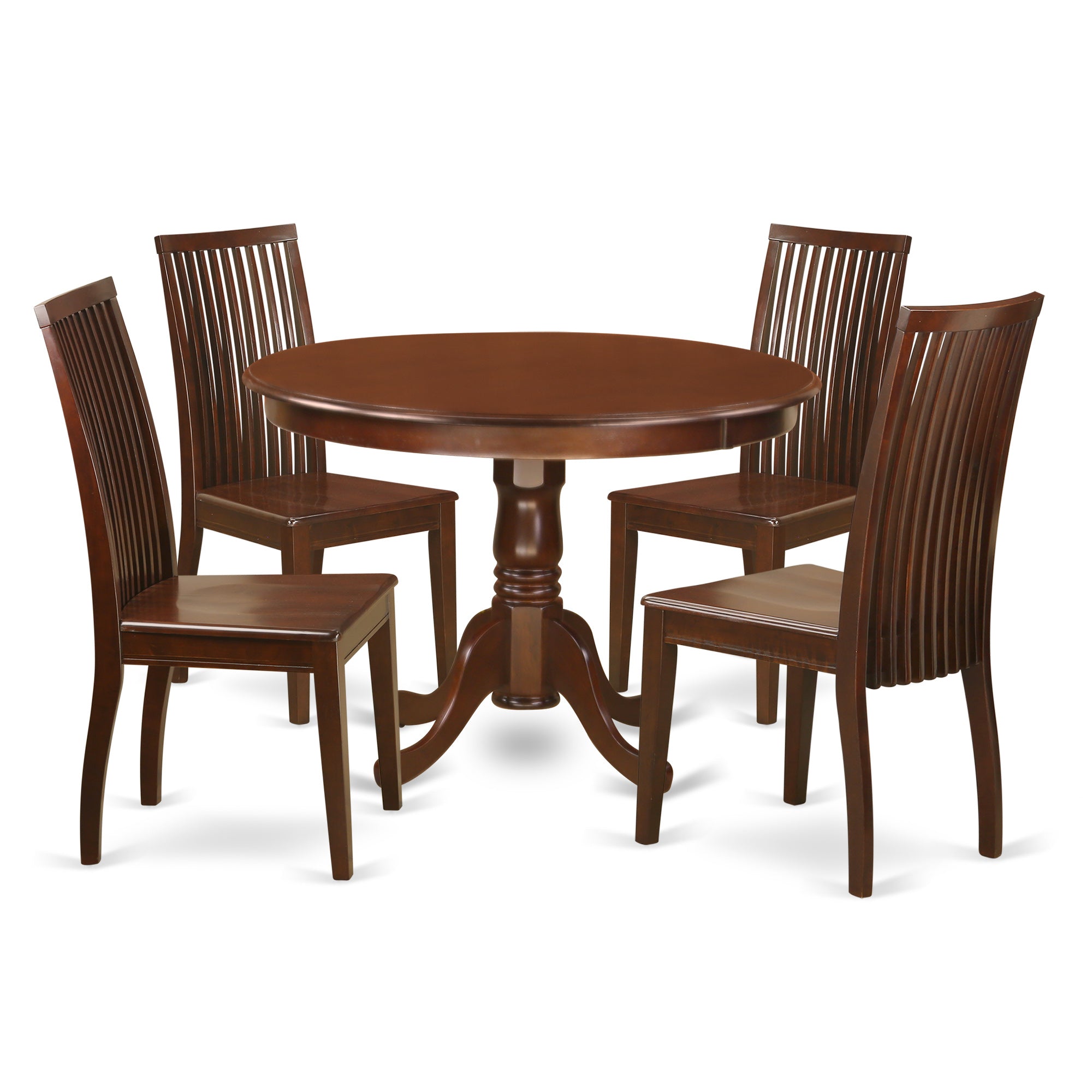 HLIP5-MAH-W 5 Piece Hartland Set With One Round 42in Dinette Table And 4 Dinette Chairs With Wood Seat In A warm Mahogany Finish.