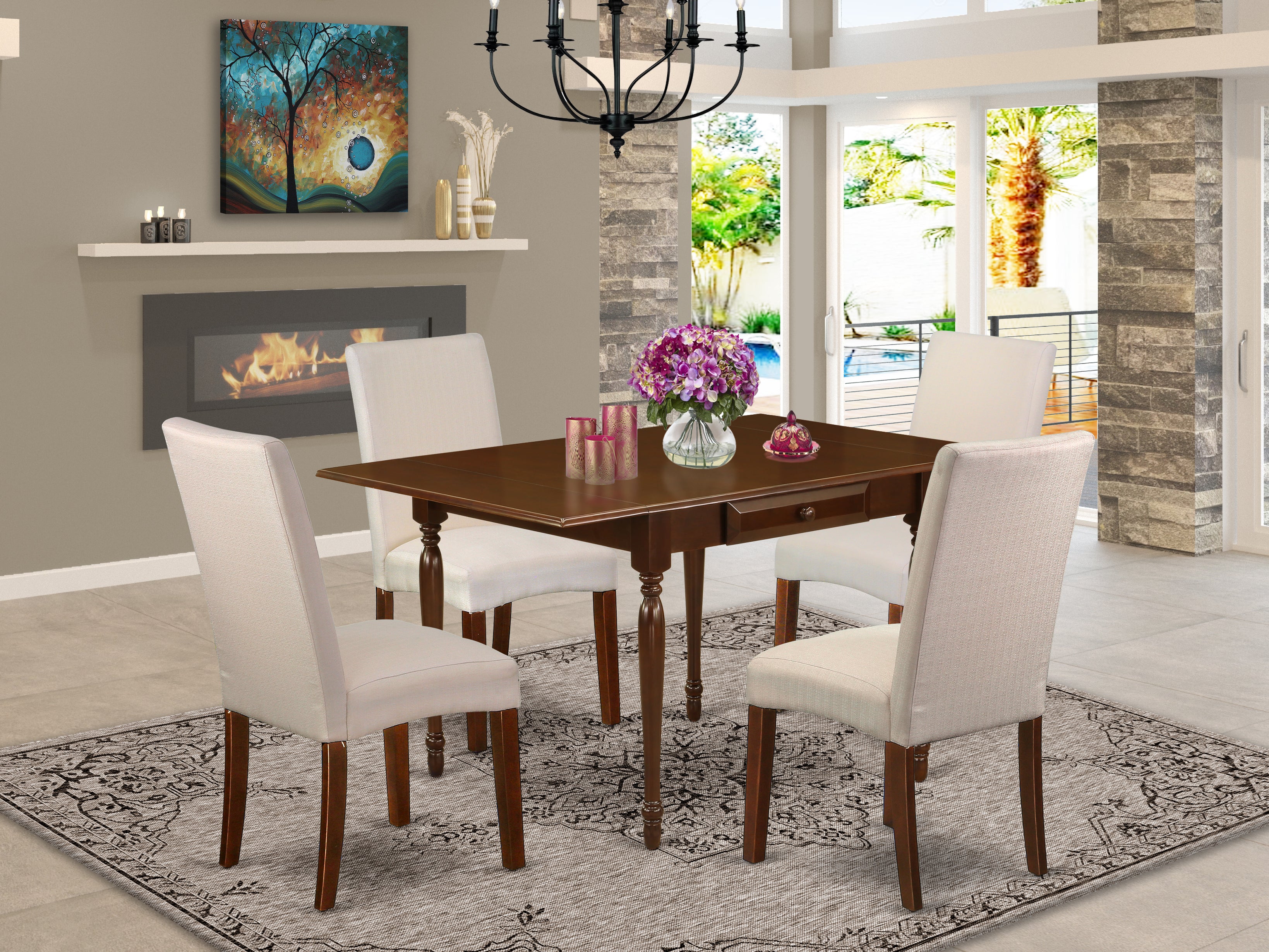 East West Furniture MZDR5-MAH-01 5Pc Dinette Set Includes a Small Kitchen Table and 4 Upholstered Dining Chairs with Cream Color Linen Fabric, Drop Leaf Table with Full Back Chairs, Mahogany Finish
