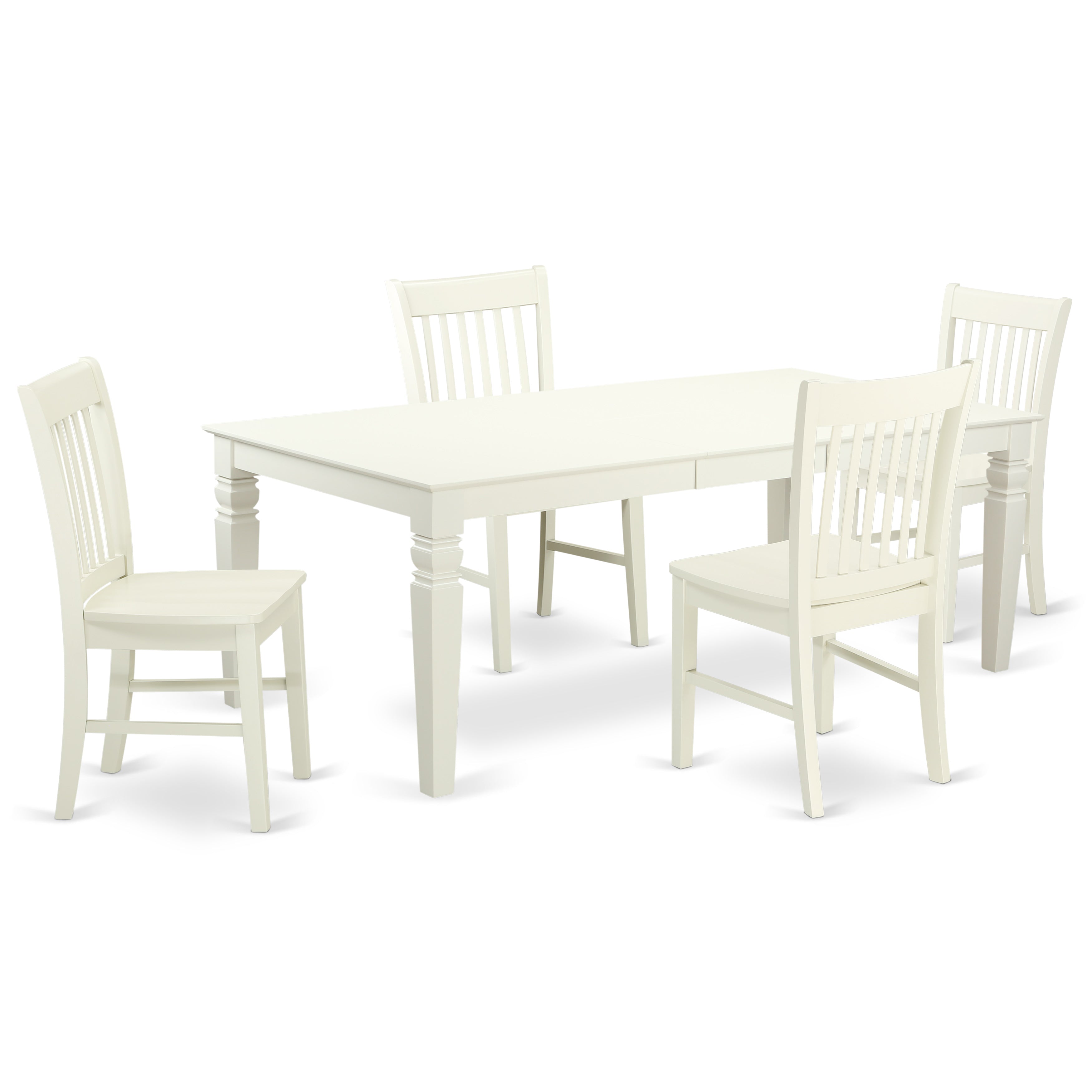 LGNO5-LWH-W 5 Piece Dining Room Set With A Single Logan Dinning Table And 4 Wood Seat Kitchen Chairs Finished In A Elegant Linen White Color.