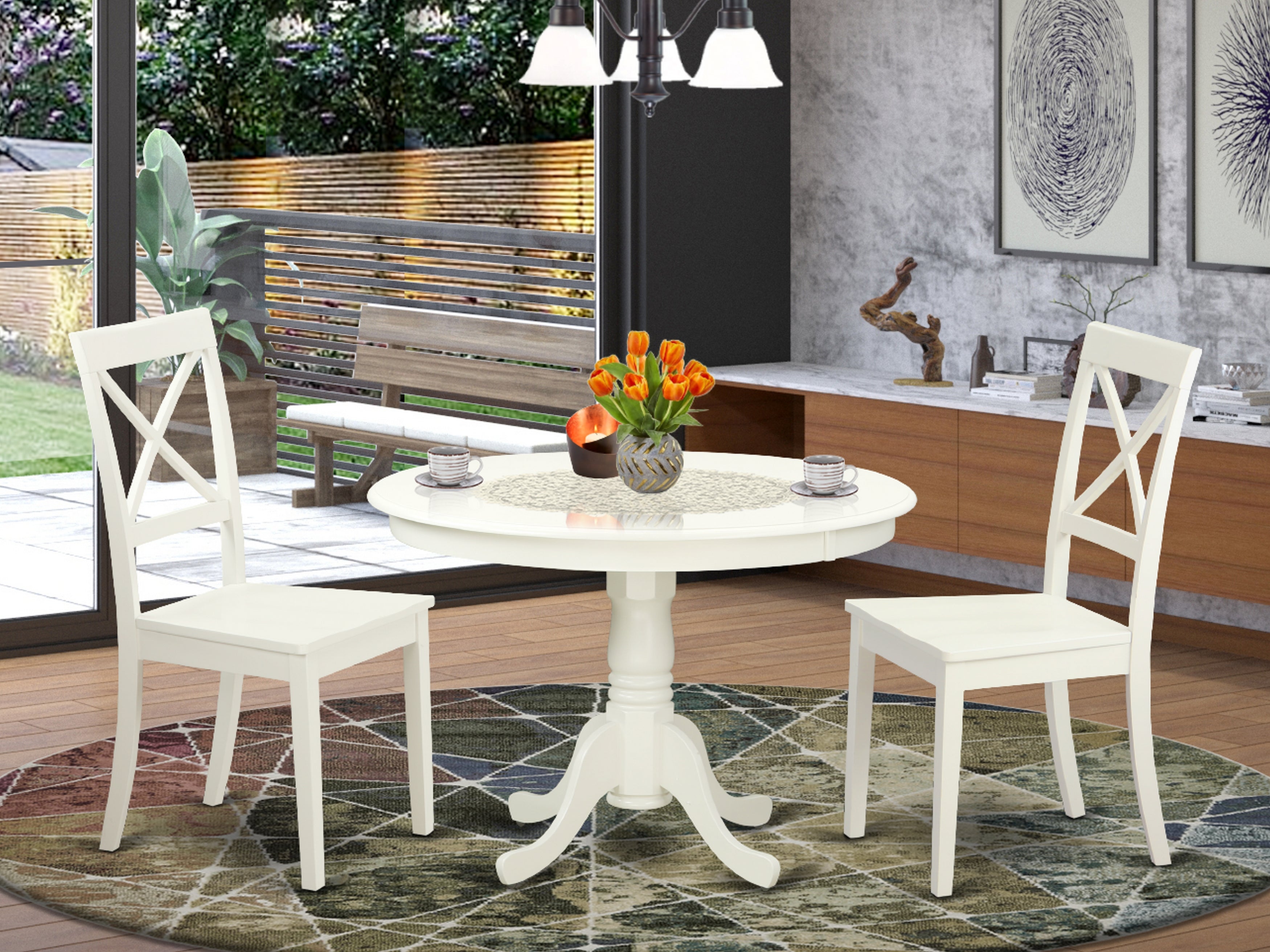 HLBO3-LWH-W 3 Pc set with a Round Table and 2 Wood Dinette Chairs in Linen White