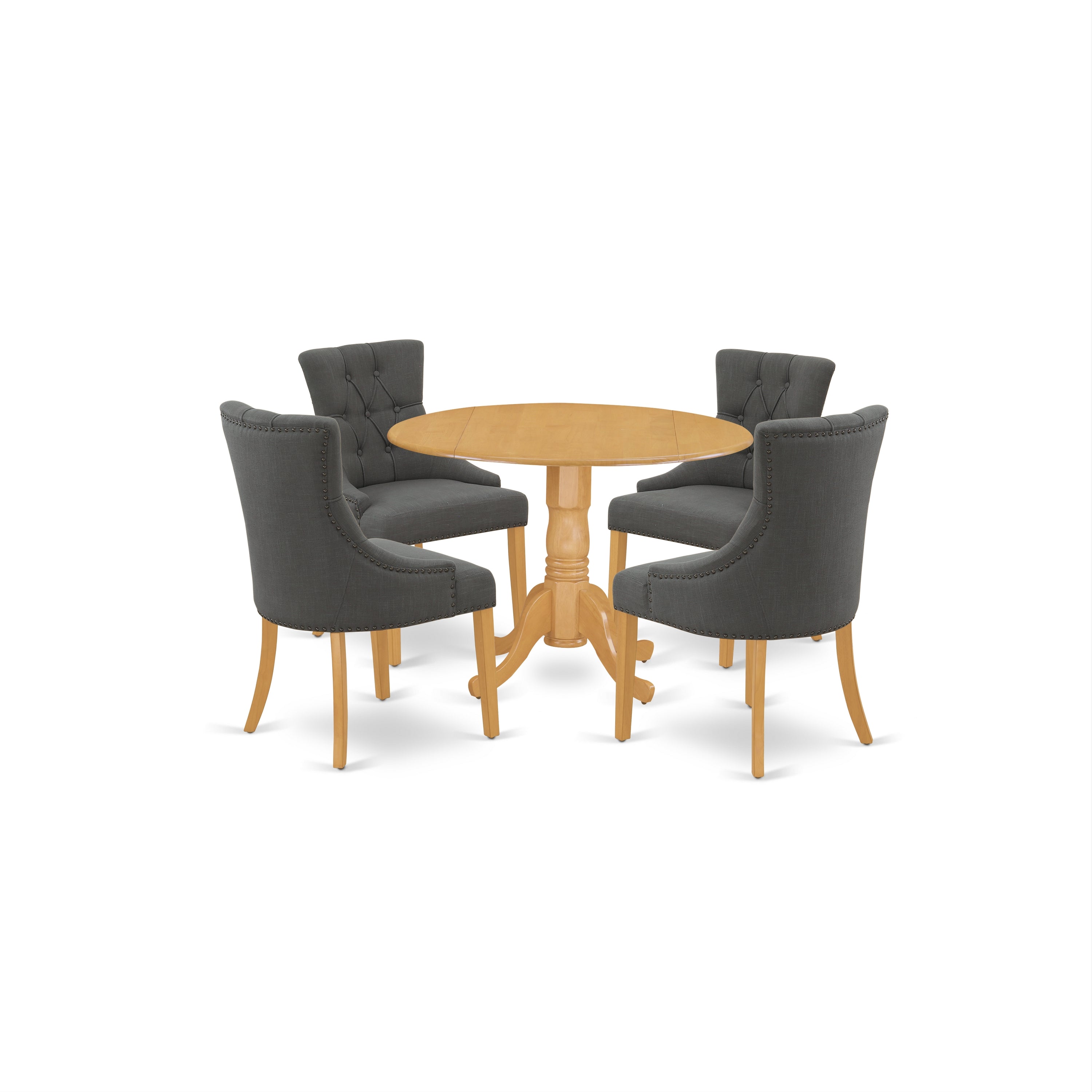 DLFR5-OAK-20 5Pc Dining Set Includes a Round Dinette Table with Drop Leaves and Four Parson Chairs with Dark Gotham Grey Fabric, Oak Finish