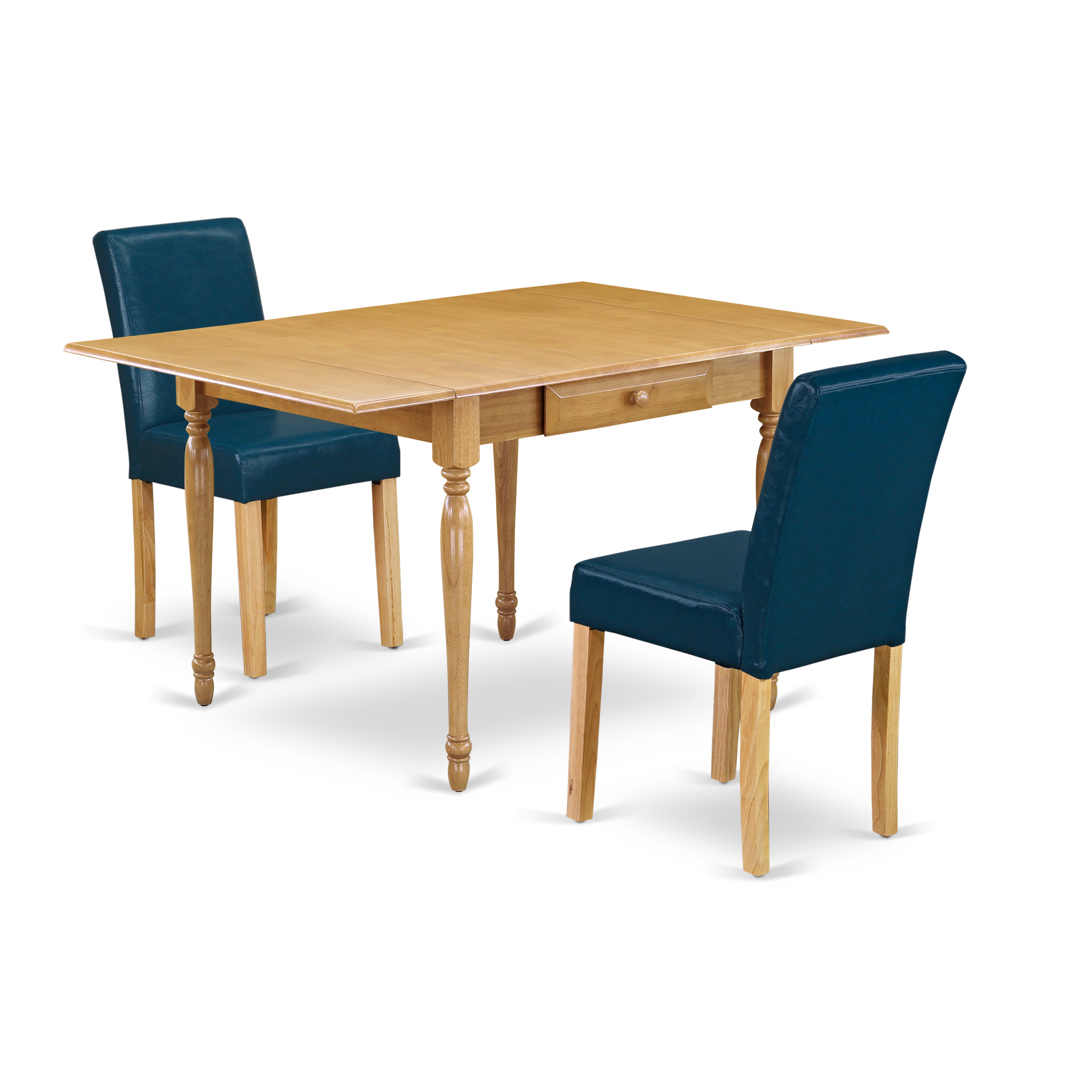East West Furniture MZAB3-OAK-55 3Pc Kitchen Table Set Consists of a Kitchen Table and 2 Parsons Dining Room Chairs with Oasis Color PU Leather, Drop Leaf Table with Full Back Chairs, Oak Finish