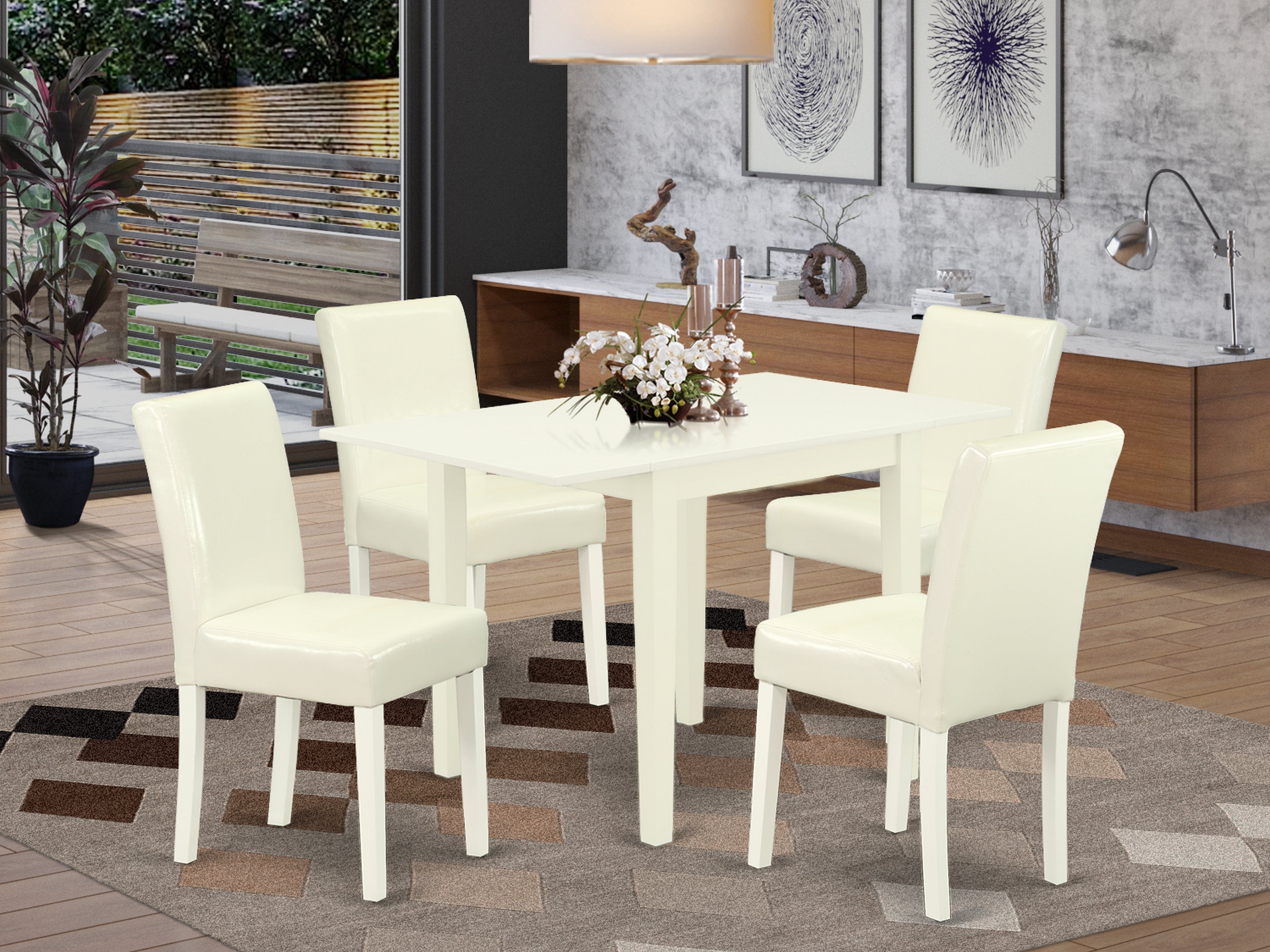 East West Furniture NDAB5-LWH-64 Wooden Dining Table Set 5 Pc - Four Parson Dining Chairs and a Modern Dining Table - Linen White Finish Wood - White Color Pu Leather