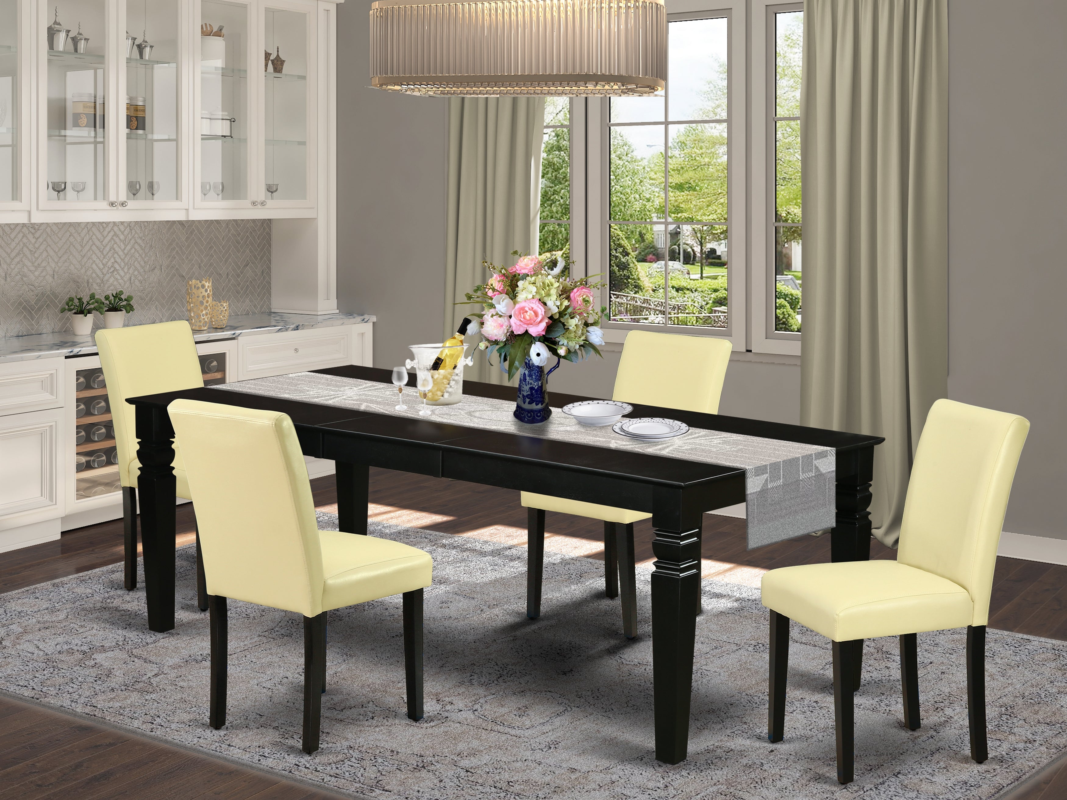 LGAB5-BLK-73 5Pc Rectangular 66/84 Inch Table With 18 In Leaf And Four Parson Chair With Black Leg And Pu Leather Color Eggnog