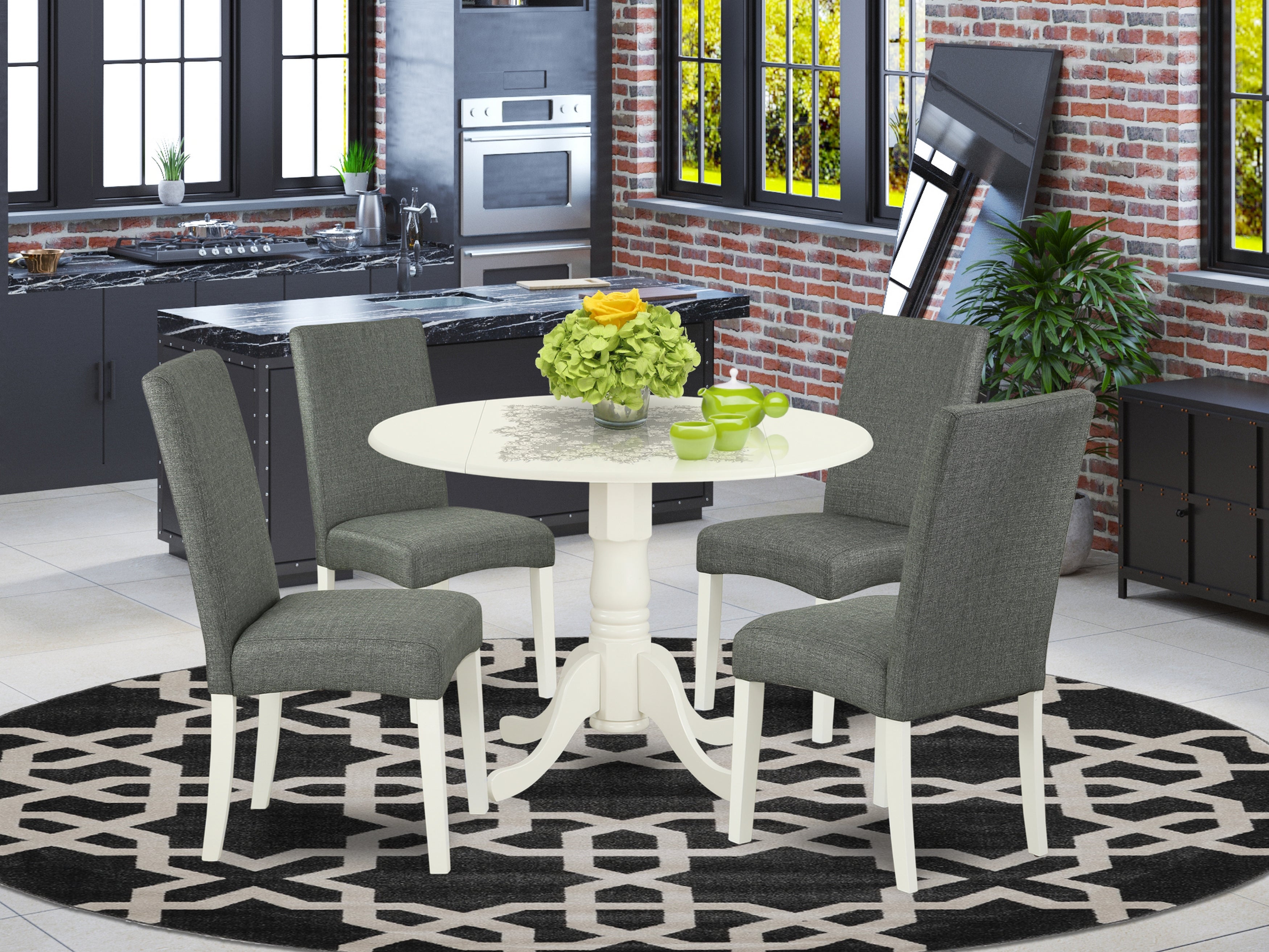DLDR5-LWH-07 5Pc Round 42" Kitchen Table With Two 9-Inch Drop Leaves And Four Parson Chair With Linen White Finish Leg And Linen Fabric- Gray Color
