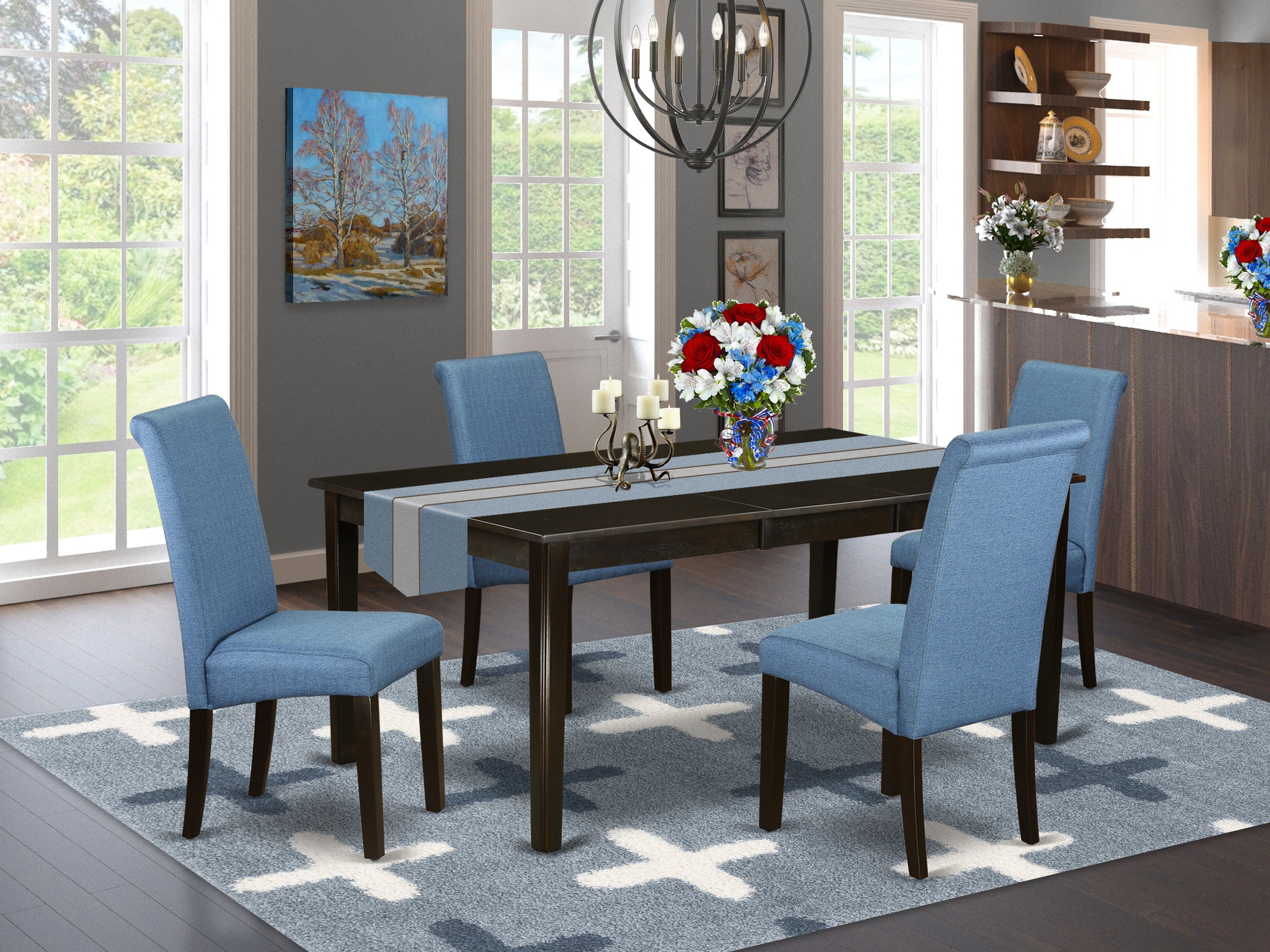 HEBA5-CAP-21 5Pc Dining table with linen Blue fabric Parson chairs with cappuccino chair legs