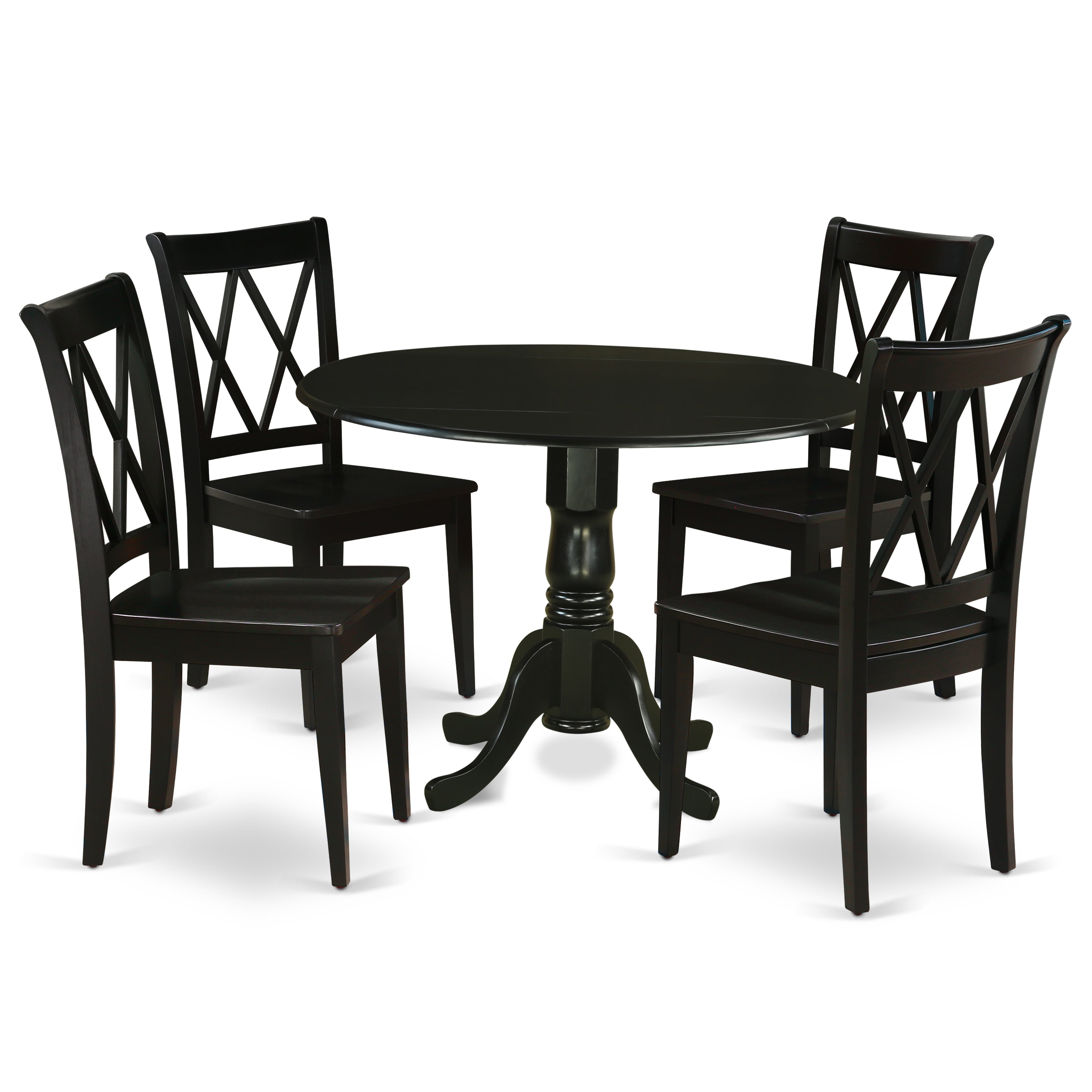 DLCL5-BLK-W 5Pc Round 42" Dining Room Table With Two 9-Inch Drop Leaves And Four Wood Seat Chairs