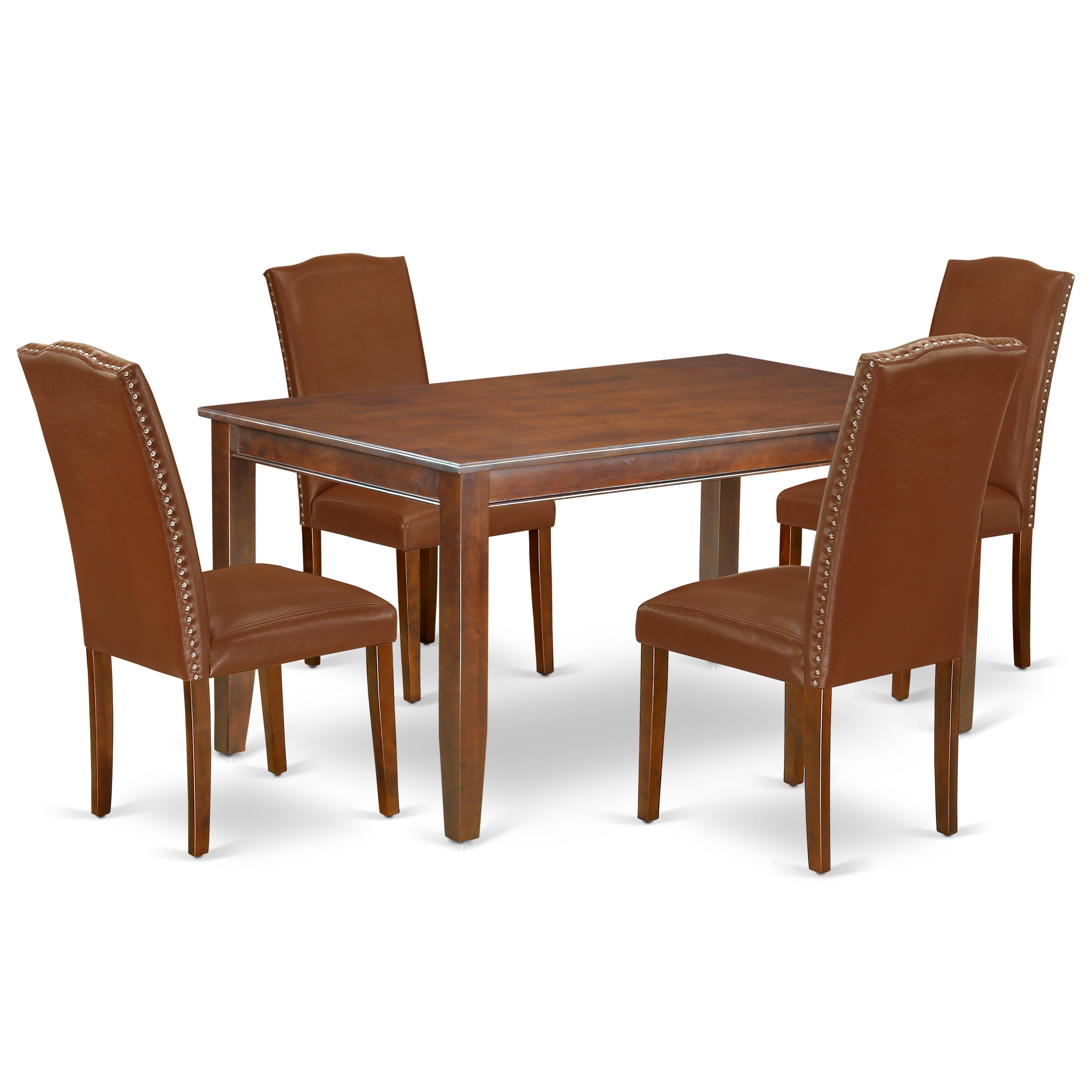 DUEN5-MAH-66 5Pc Rectangle 60 Inch Dining Table And Four Parson Chair With Mahogany Leg And Brown Flaux Leather