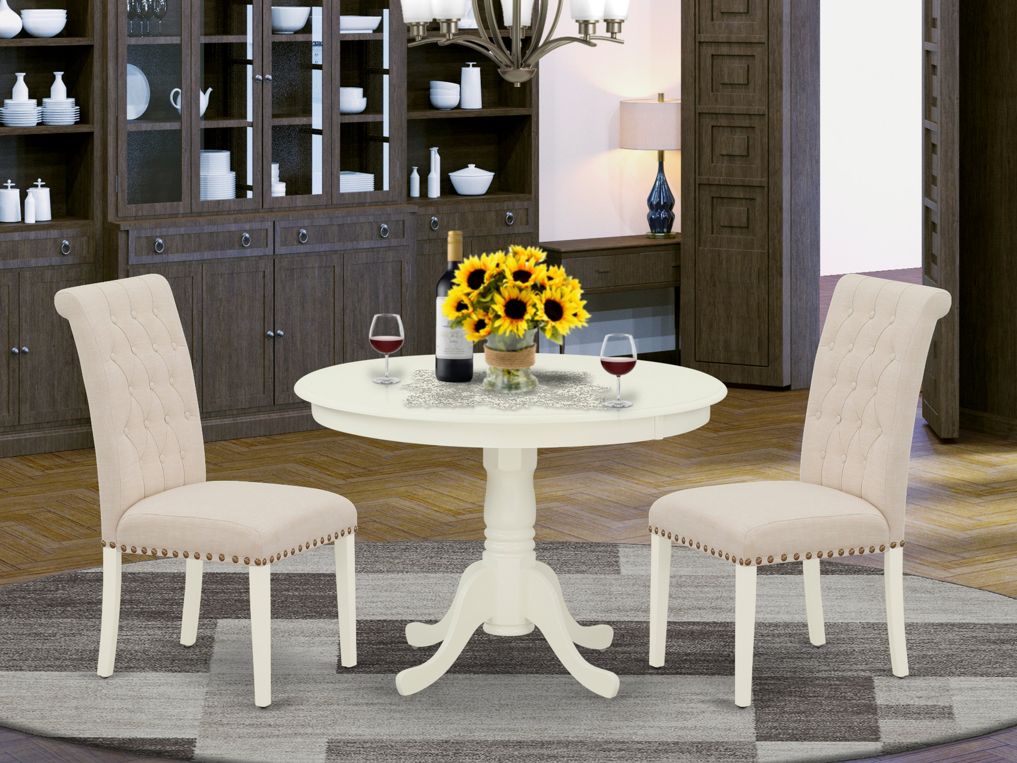 HLBR3-LWH-02 3Pc Dinette Set Includes a Rounded Kitchen Table and Two Parson Chairs with Light Beige Fabric, Linen White Finish