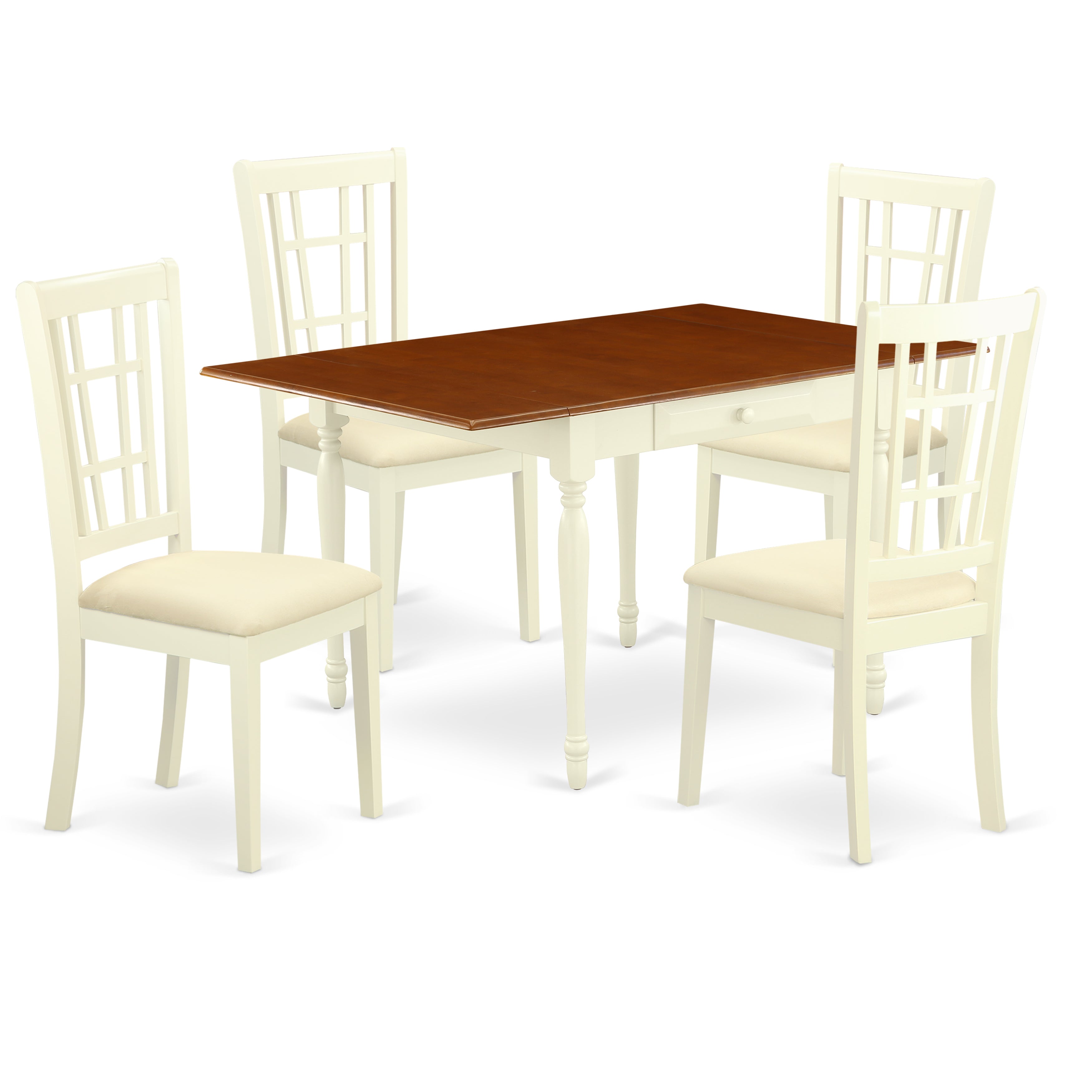 East West Furniture MZNI5-WHI-C 5 Pieces Kitchen Dining Table set - Robust Two 9-Inch Drop Down Leaves Solid Wood Kitchen Table and 4 Microfiber Upholstery Seat Wooden Dining Chairs, Buttermilk and Cherry Finish