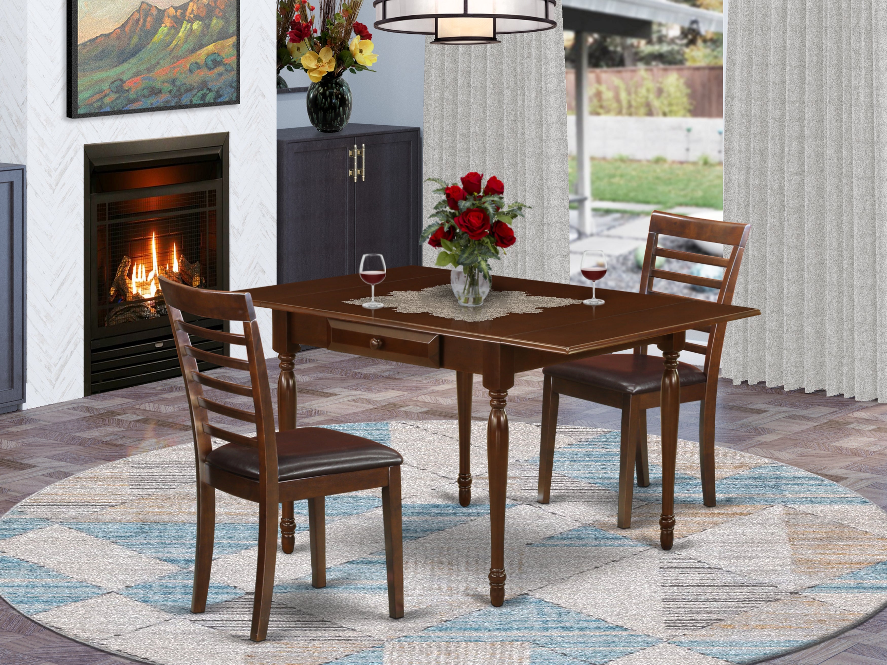 East West Furniture MZML3-MAH-LC 3 Pieces Dining Table set - Heavy Duty Drop Leaf Real Wood Dinette Table and 2 Faux Leather Seat Kitchen Dining Chairs, Mahogany Finish
