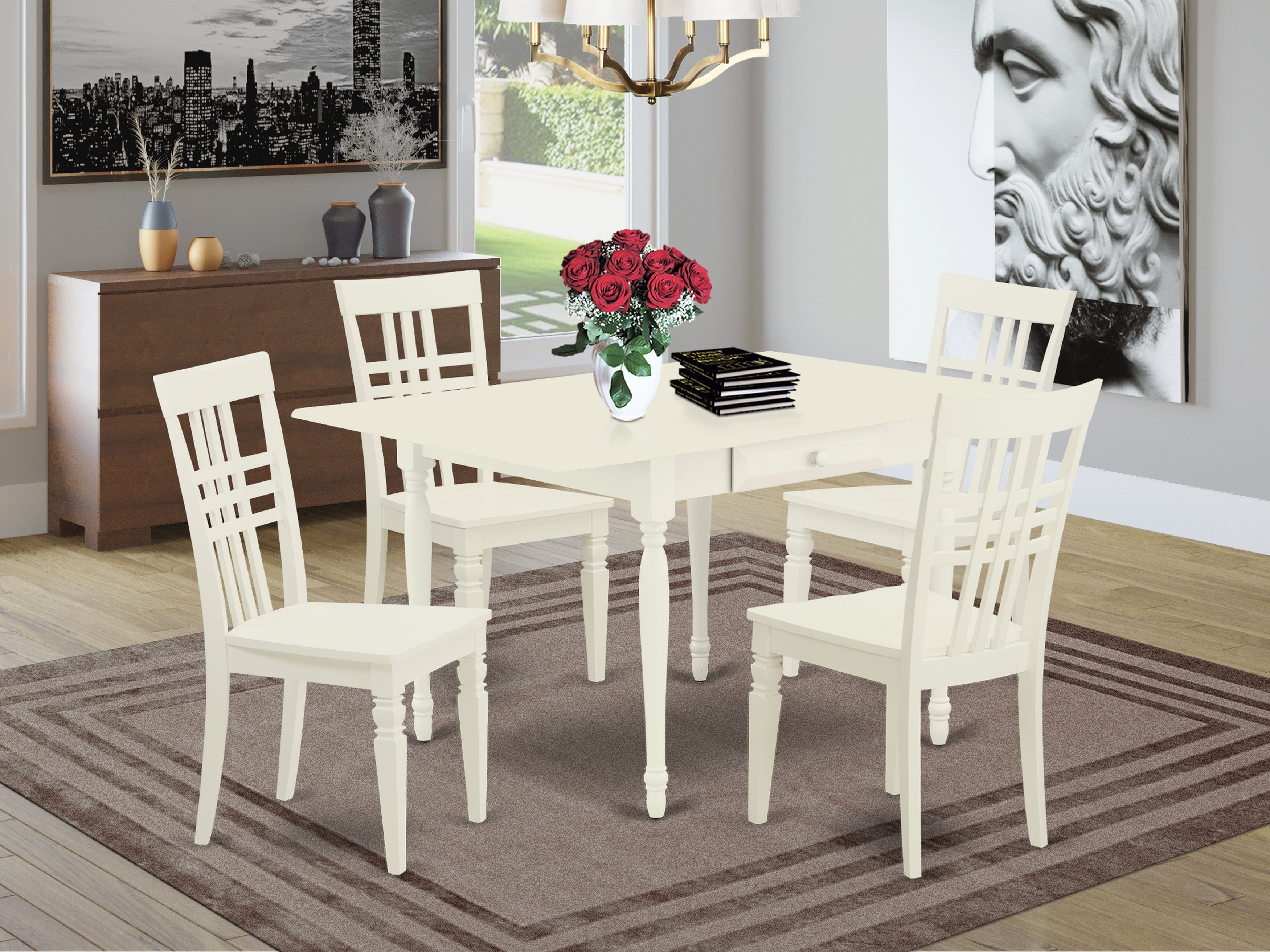 East West Furniture MZLG5-LWH-W 5 Pieces Dining Table set - Heavy Duty Two 9-Inch Drop Down Leaves Hardwood Dining Table and 4 Real Wood Seat Kitchen Chairs, Linen White Finish