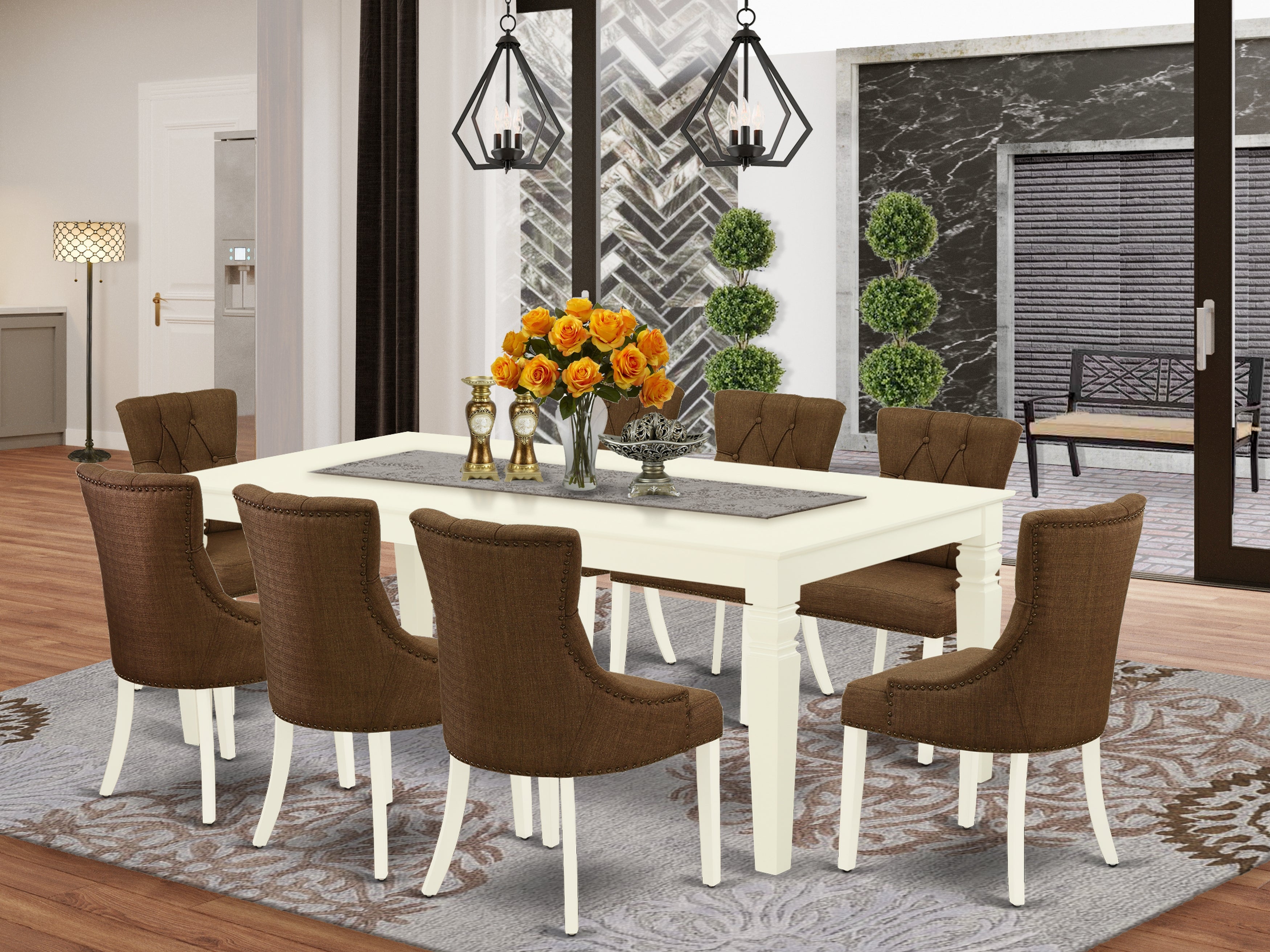 LGFR9-LWH-18 9Pc Dining Set Includes a Rectangle Dining Table with Butterfly Leaf and Eight Parson Chairs with Dark Coffee Fabric, Linen White Finish