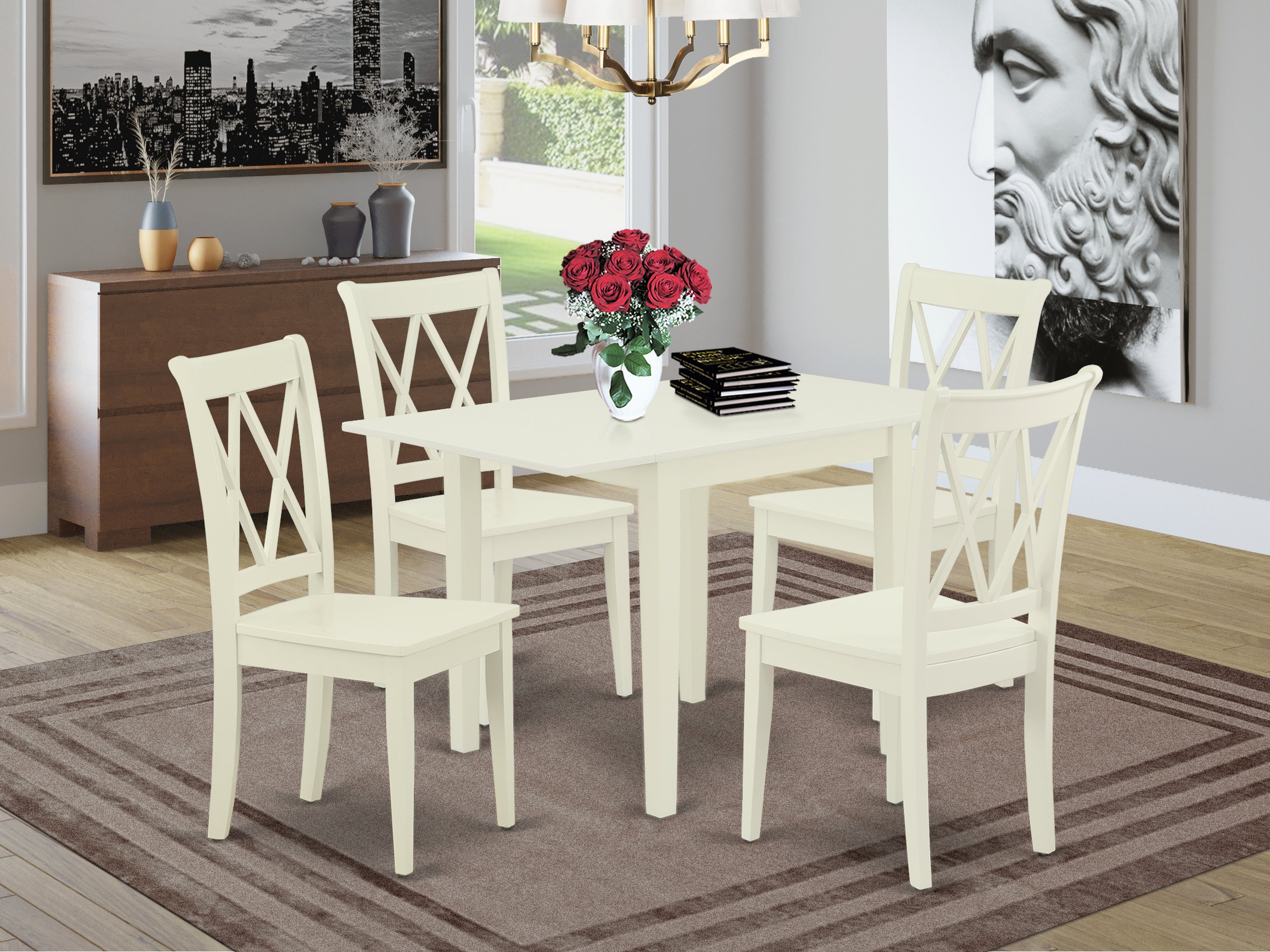 East West Furniture NDCL5-LWH-W Dining Table Set 5 Pcs- 4 Outstanding Chairs for dining room and an attractive Dining Room Table - Linen White Finish Wooden Chair Seat and Table Top - Linen White Finish Solid Wood Frame.