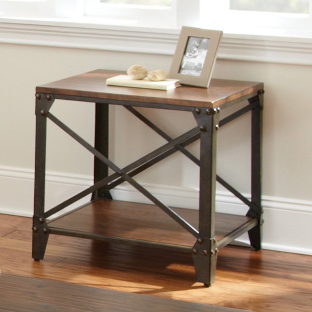 Winston Square Distressed Tobacco Wood and Metal End Table