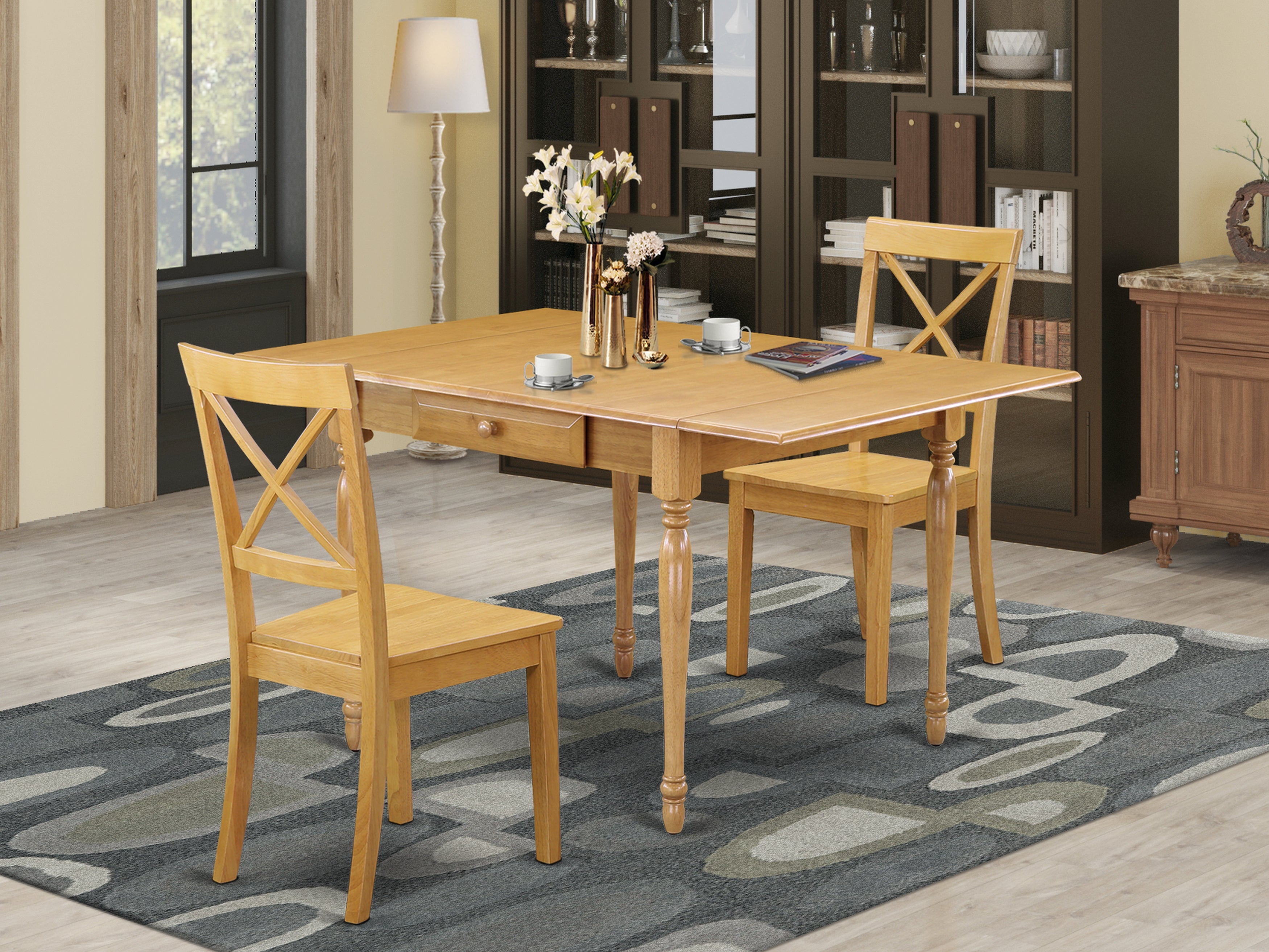 East West Furniture MZBO3-OAK-W 3Pc Dinette Sets for Small Spaces Includes a Kitchen Table and 2 Wood Dining Chairs with Wooden Seat, Drop Leaf Table with X Back Chairs, Oak Finish