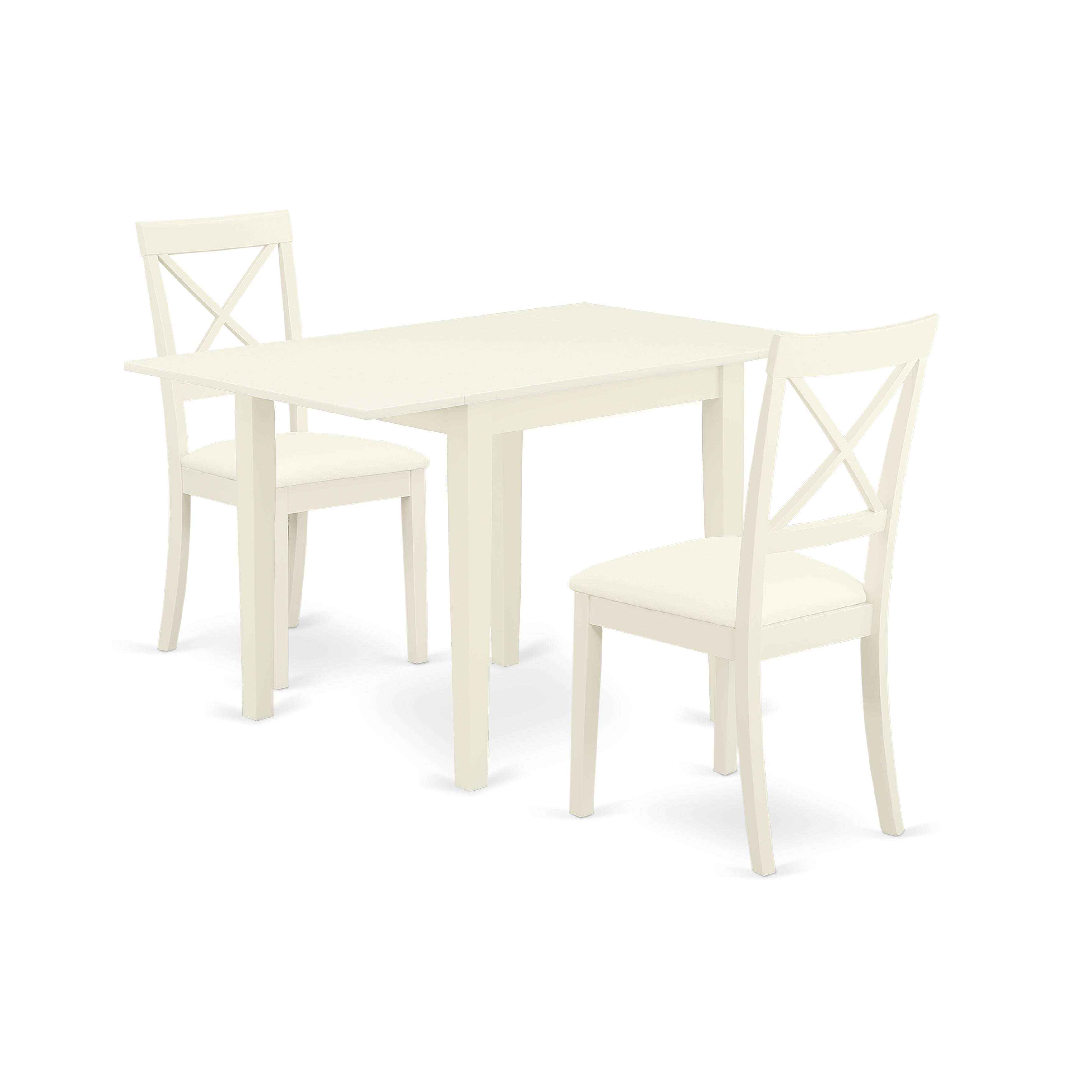 East West Furniture NDBO3-LWH-LC Dining Set 3 Piece - Two Great Kitchen Chairs - an Elegant Wood Dining Table - Linen White Color Faux Leather - Linen White Finish Wooden Frame