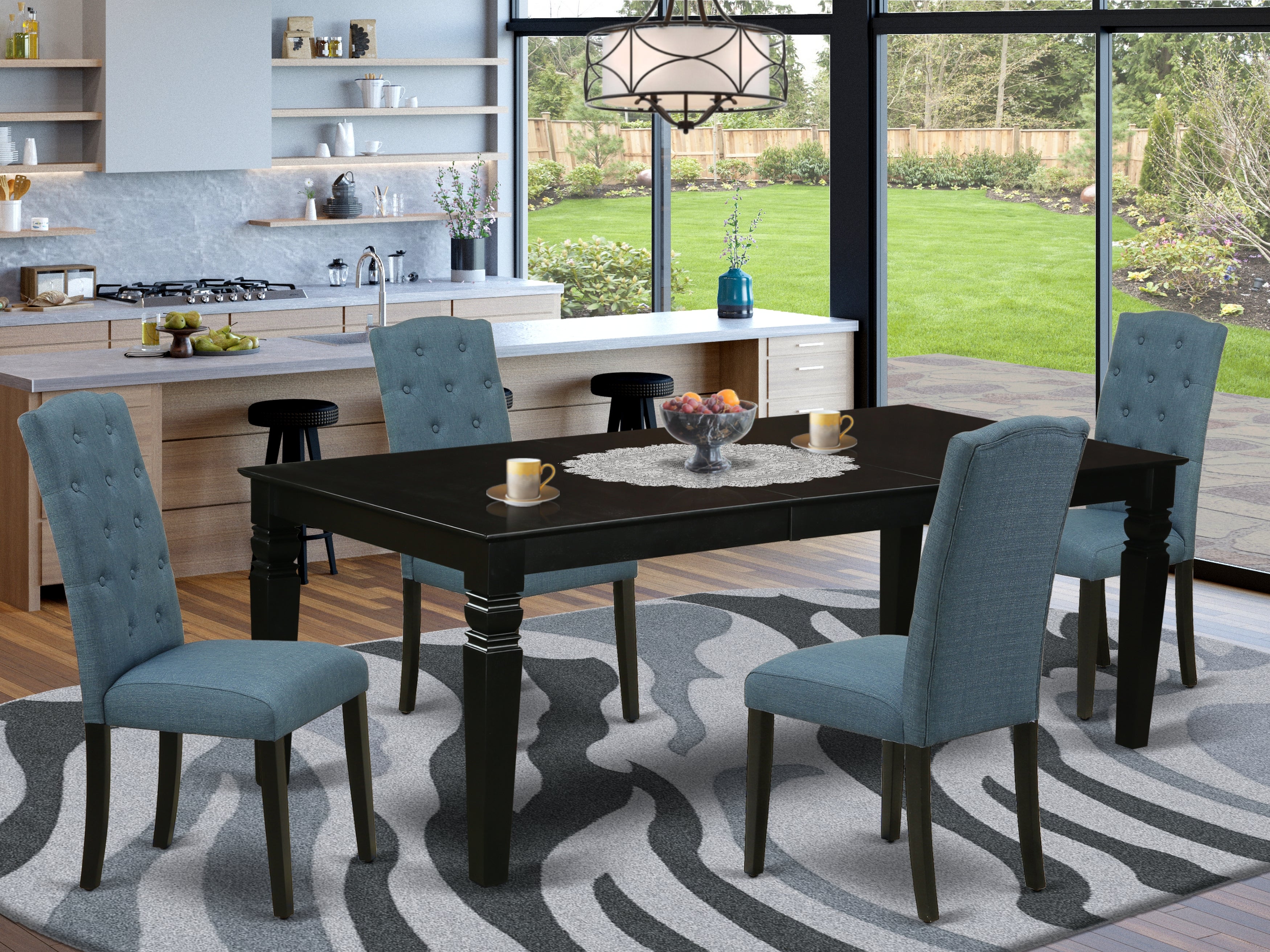 LGCE5-BLK-21 5Pc Dining Set Includes a Rectangle Dining Table with Butterfly Leaf and Four Parson Chairs with Blue Fabric, Black Finish
