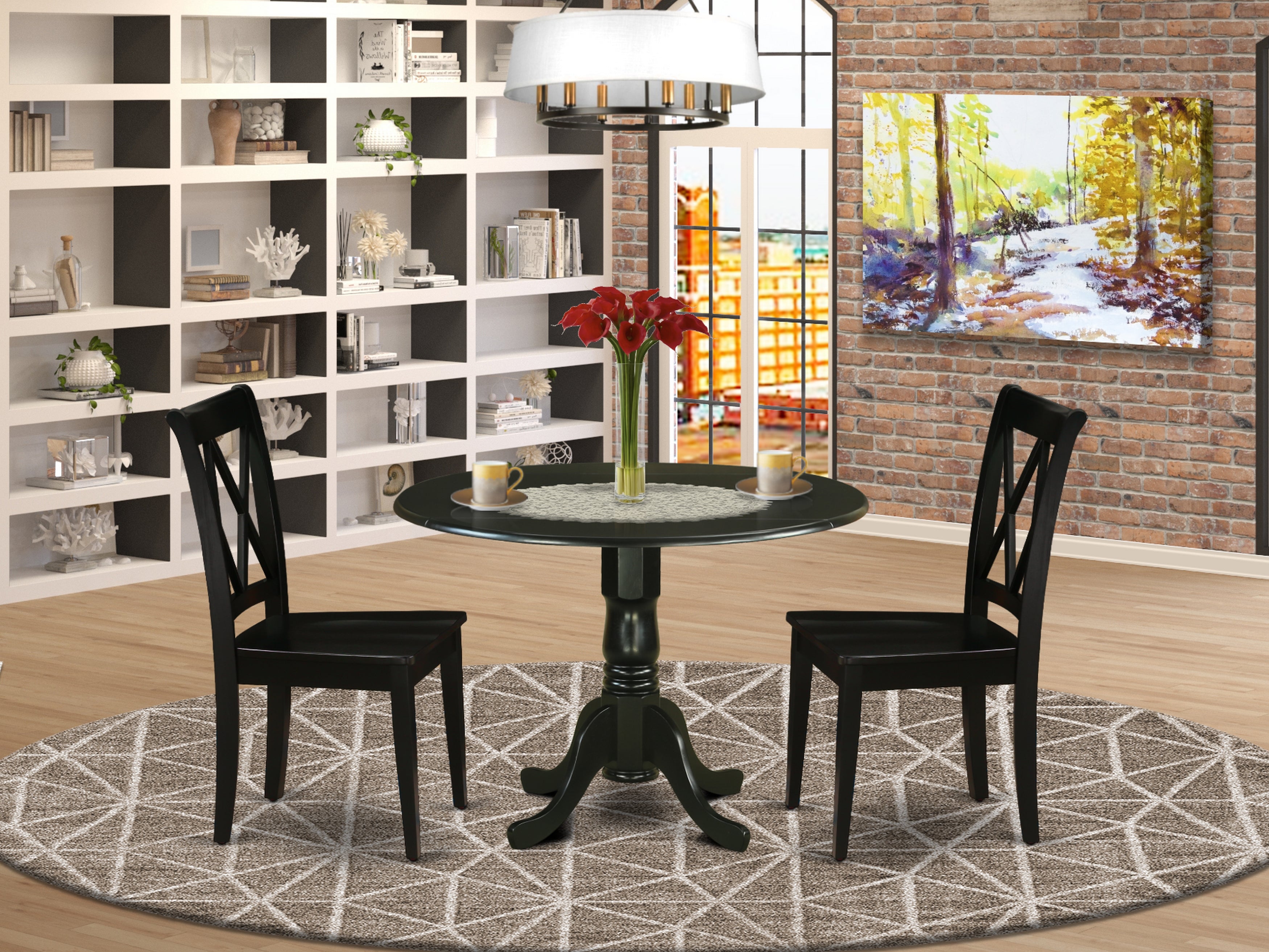 DLCL3-BLK-W 3Pc Round 42 Inch Dining Room Table With Two 9-Inch Drop Leaves And 2 Wood Seat Dining Chairs
