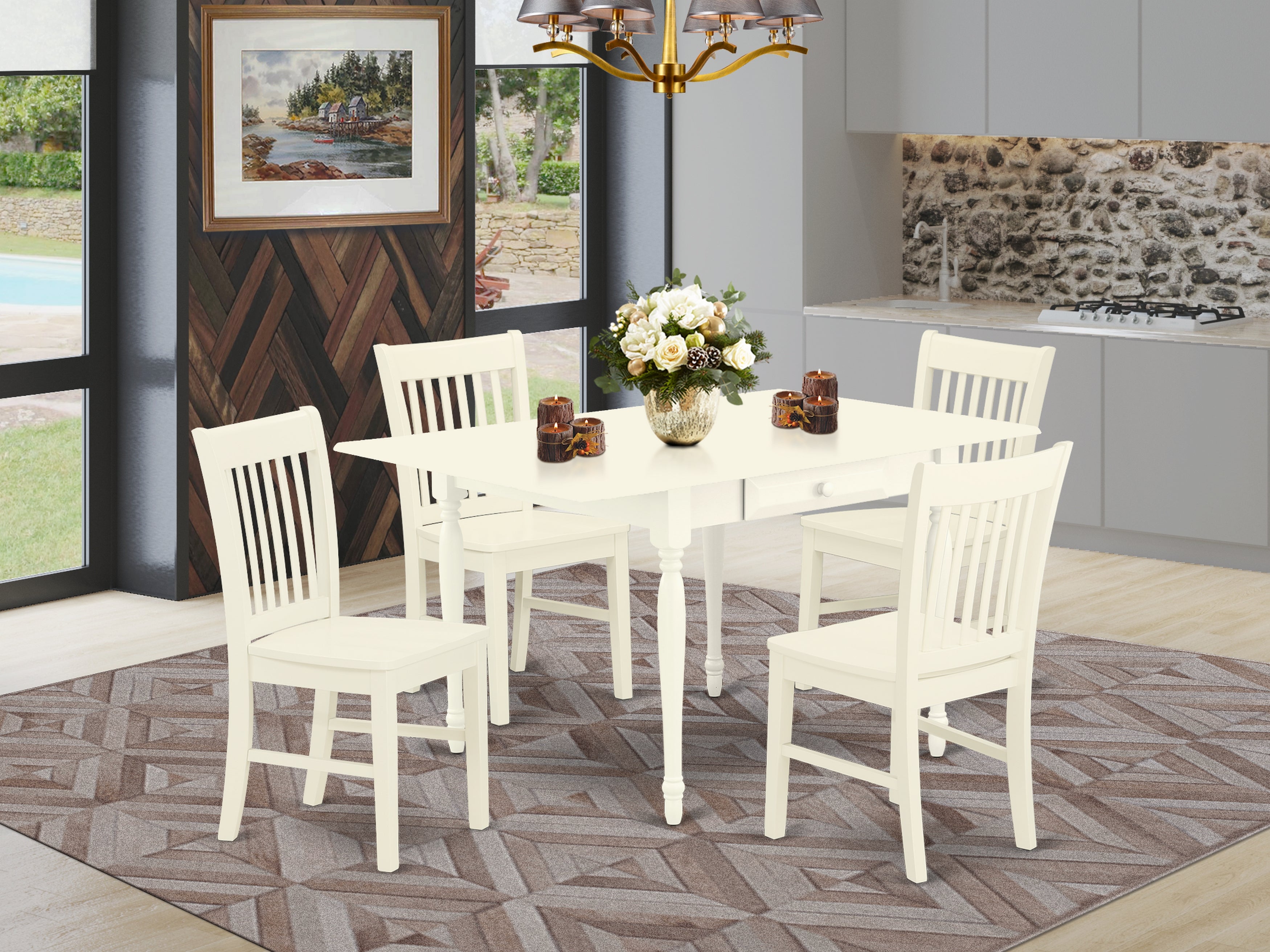 East West Furniture MZNO5-LWH-W 5 Pieces Wood Dining Table set - Strong Drop Leaf Real Wood Dining Table and 4 Hardwood Seat Dining Room Chairs, Linen White Finish