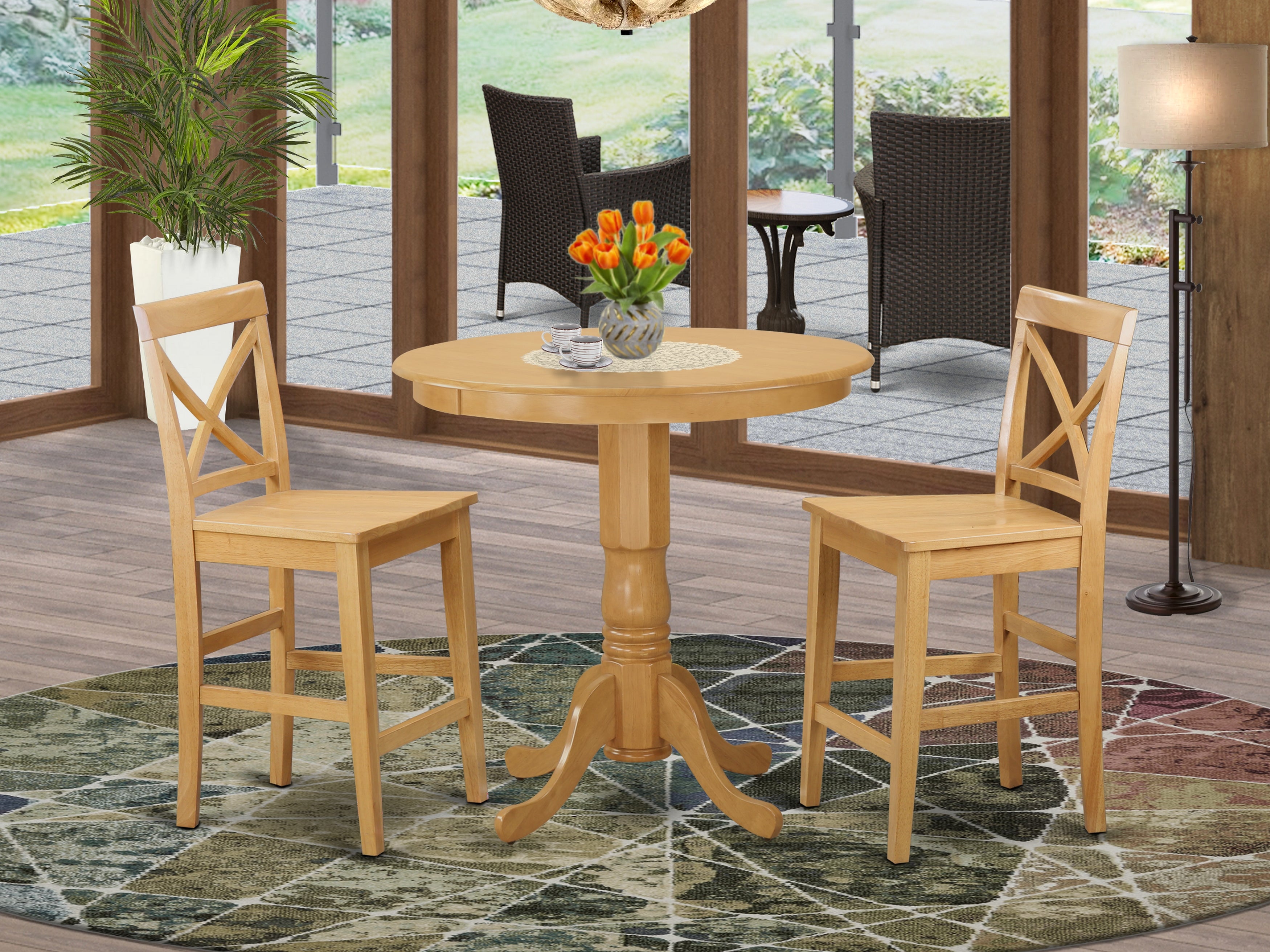 JAPB3-OAK-W 3 Pc Dining counter height set - Dining Table and 2 bar stools.