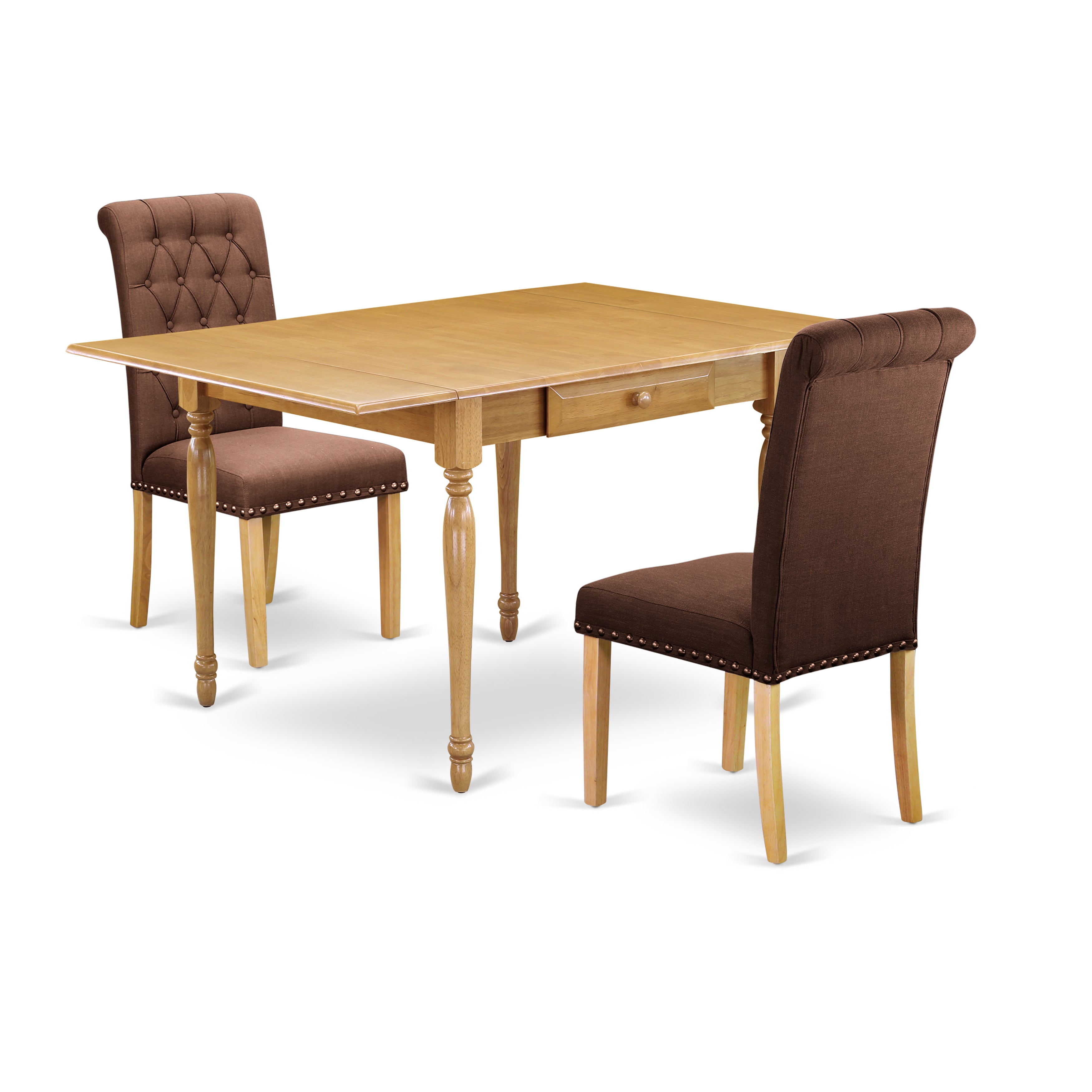 East West Furniture MZBR3-OAK-19 3Pc Dinette Sets for Small Spaces Consists of a Modern Dining Table and 2 Parson Dining Chairs with Chocolate Color Linen Fabric, Drop Leaf Table with Full Back Chairs, Oak Finish